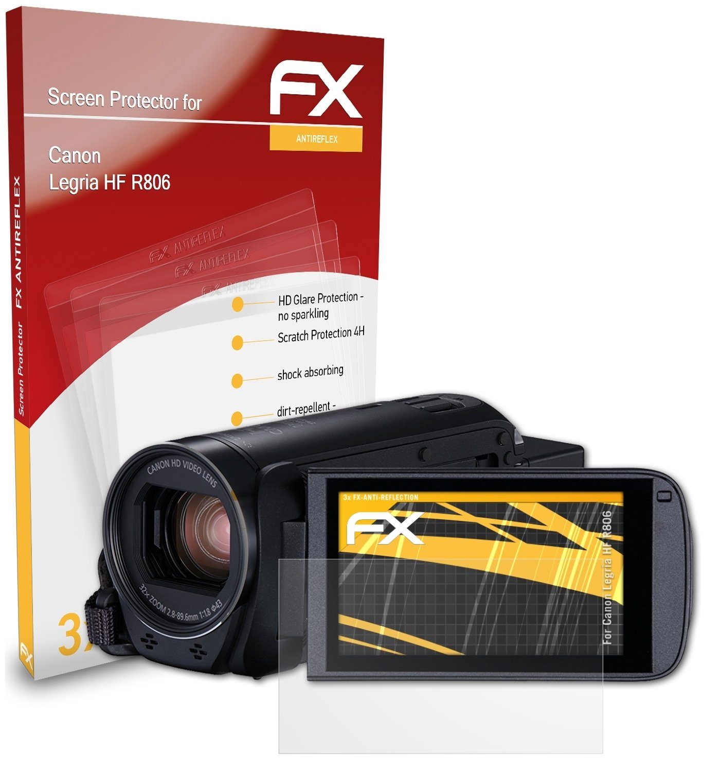 atFoliX Schutzfolie für Canon Legria HF R806, (3 Folien), Entspiegelnd und  stoßdämpfend