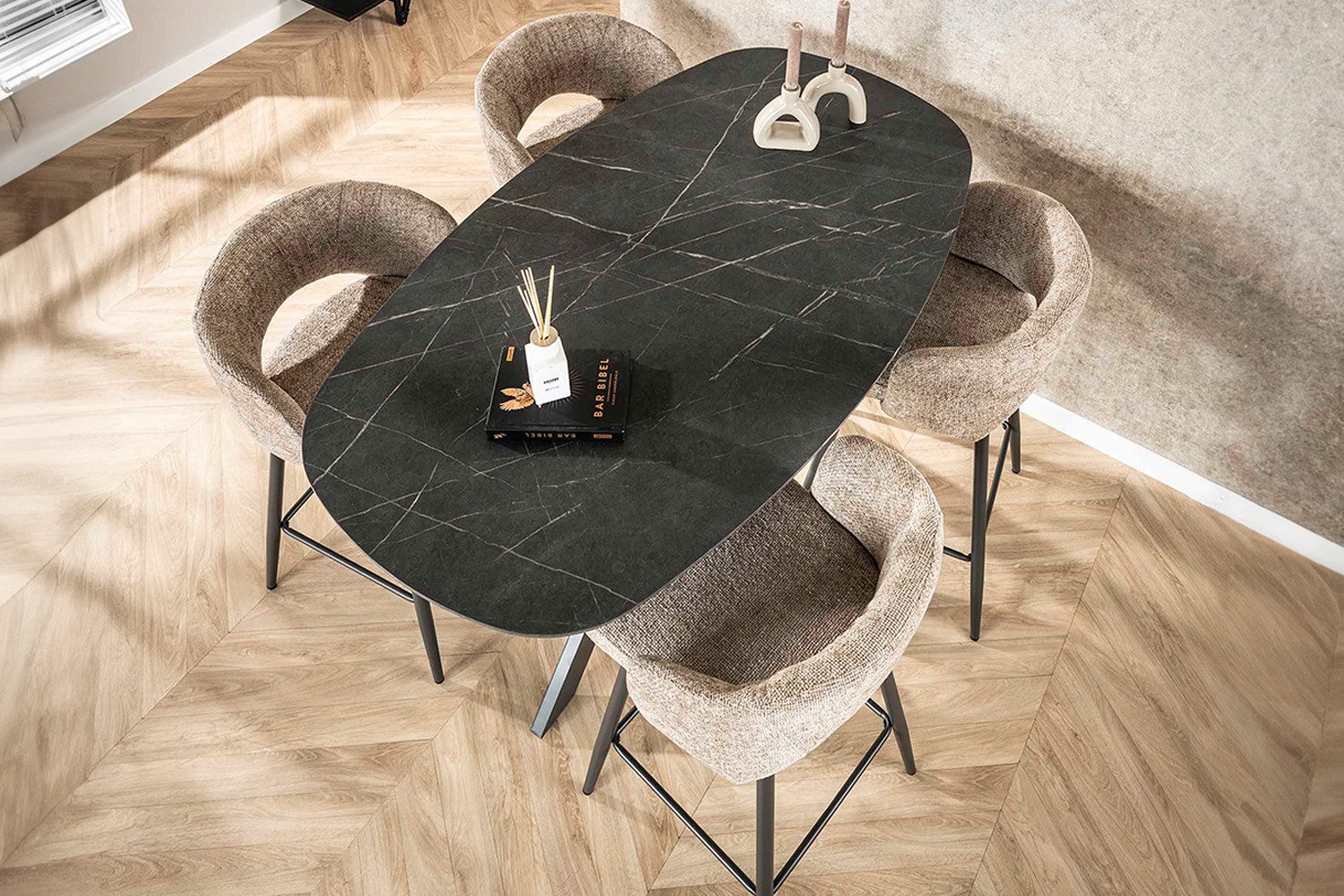 KAWOLA Stehtisch SESTA, Stehtisch Kunststoff Keramikoptik oval Kreuzgestell schwarz