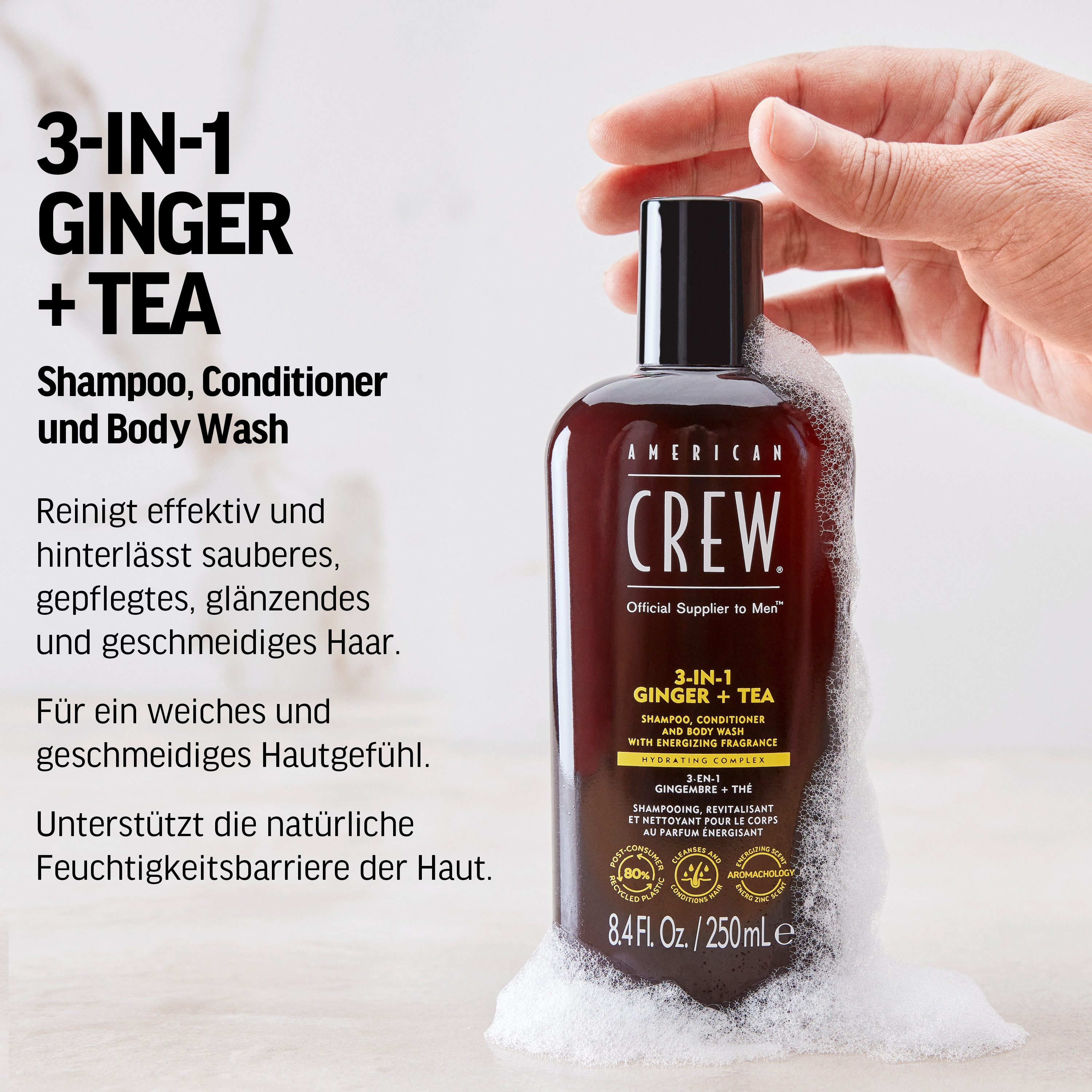 American Crew Haarshampoo 3In1 Ginger & Tea Shampoo, Conditioner & Body Wash 450 ml, 1-tlg., Für Herren aller Haartypen, spendet Feuchtigkeit, beruhigt Kopfhaut.