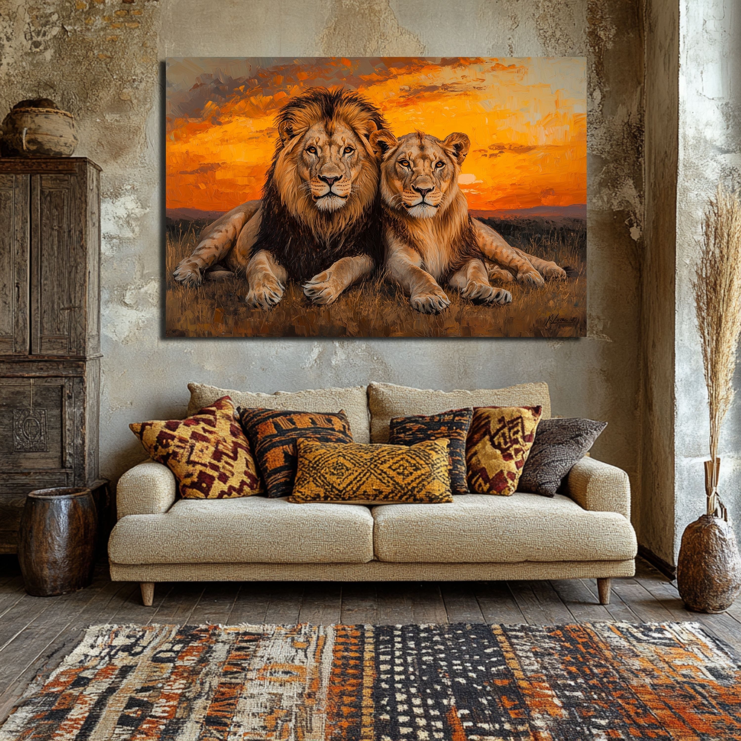 DARO Design Leinwandbild Modern Abstrakt Wandbilder XXL Wandbild Wand Deko Leinwand Bilder, (Löwenpaar Sonnenuntergang - Bild groß Wohnzimmer Schlafzimmer Küche – Bild 4 von 5