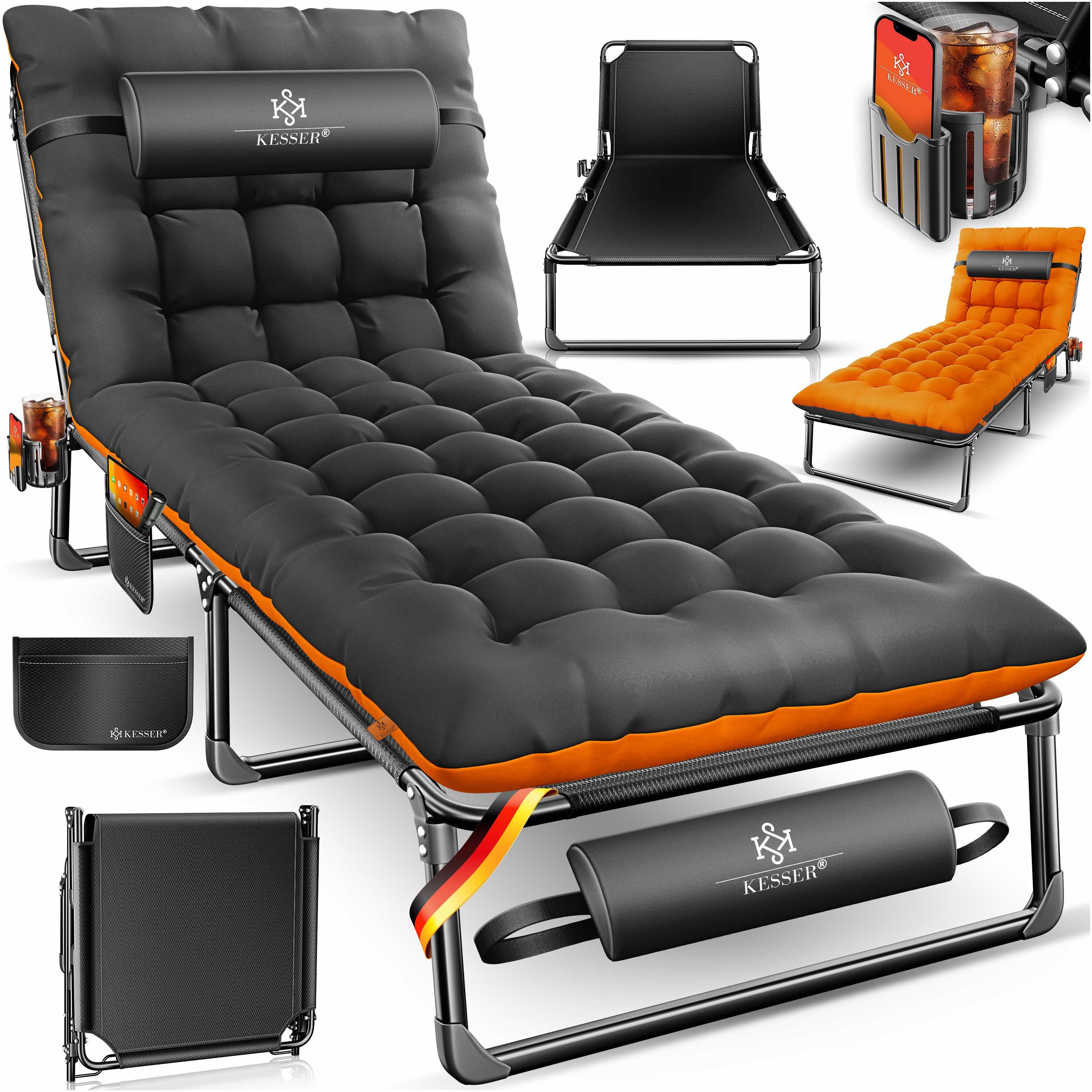 KESSER Campingliege Campingbett Campingliege Angelliege Karpfenliege klappbar (mit Tragetasche, Getränkehalter & Nackenkissen bis 250 kg belastbar) 190 x 68 x 30 cm strapazierfähiges Oxford-Gewebe stabiles Stahlgerüst