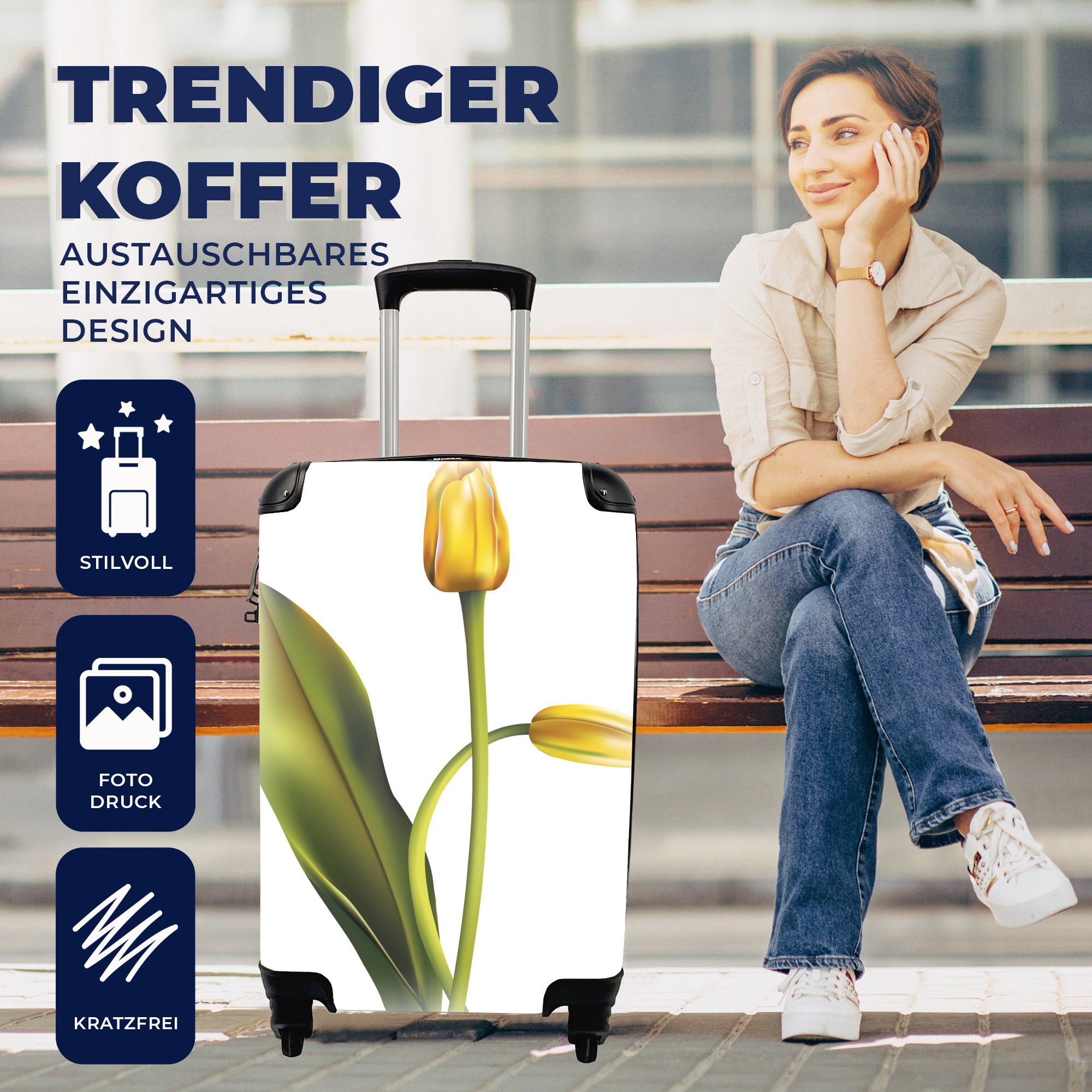 MuchoWow Handgepäckkoffer Eine Illustration 4 für von einem Reisekoffer gelben Ferien, rollen, mit Blatt, mit zwei Trolley, Rollen, Reisetasche Handgepäck Tulpen dunkelgrünen