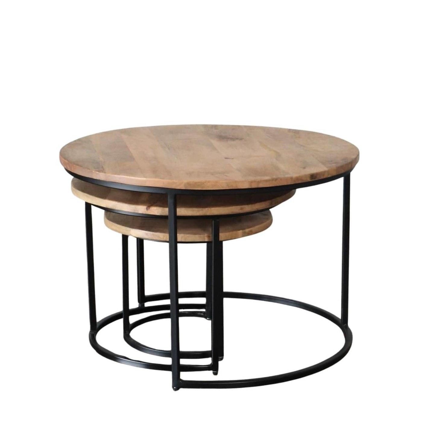 baario Couchtisch Couchtisch 3er Set SELCE rund, massiv Industrial Design Ø70cm Mangoholz ausziehbar