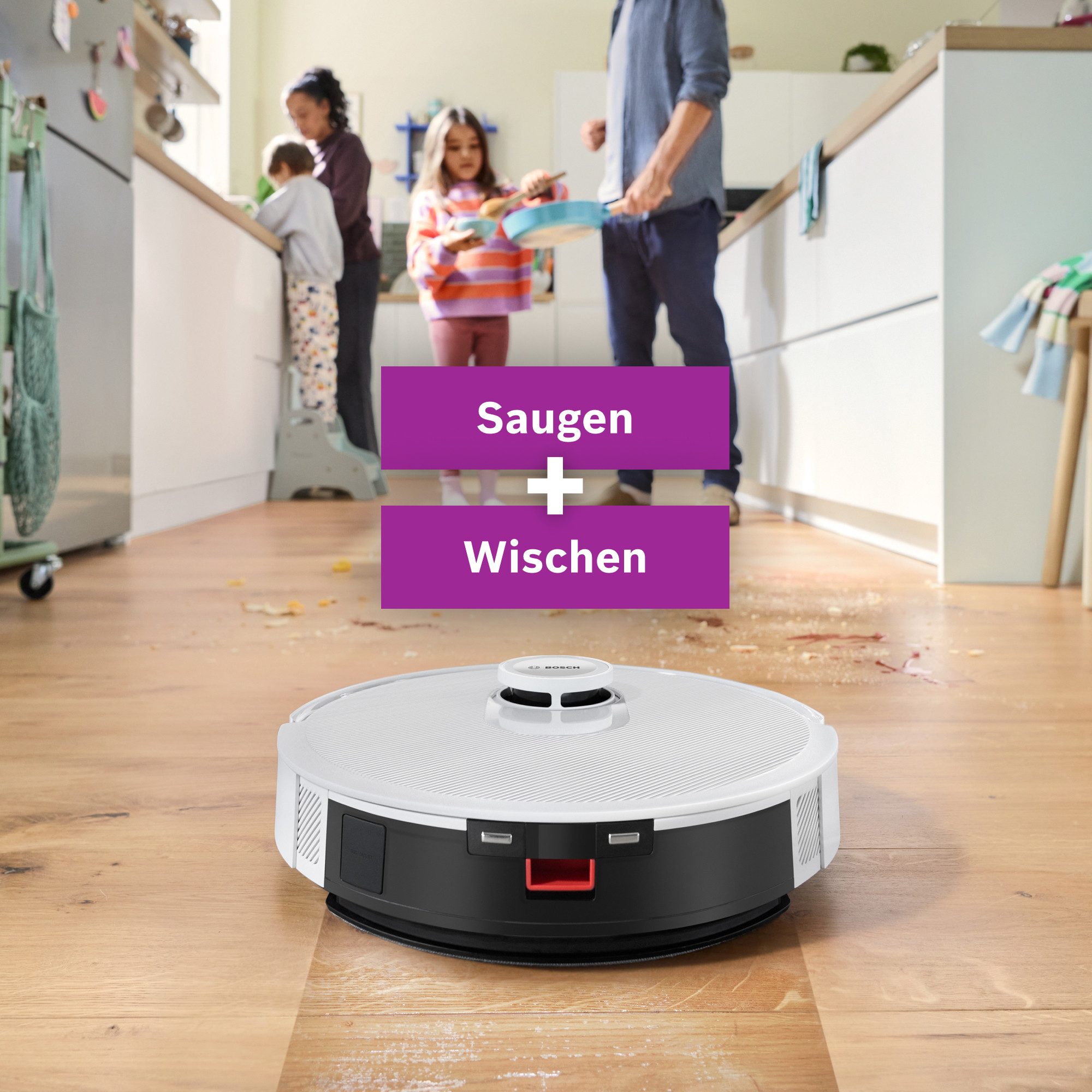 BOSCH Saugroboter Spotless + BCRD1W, Saugroboter mit Wischfunktion, 11.000 Pa Saugkraft, 60 W, beutellos, Trocken-Servicestation, Infrarot Navigation, Carbon Bürste