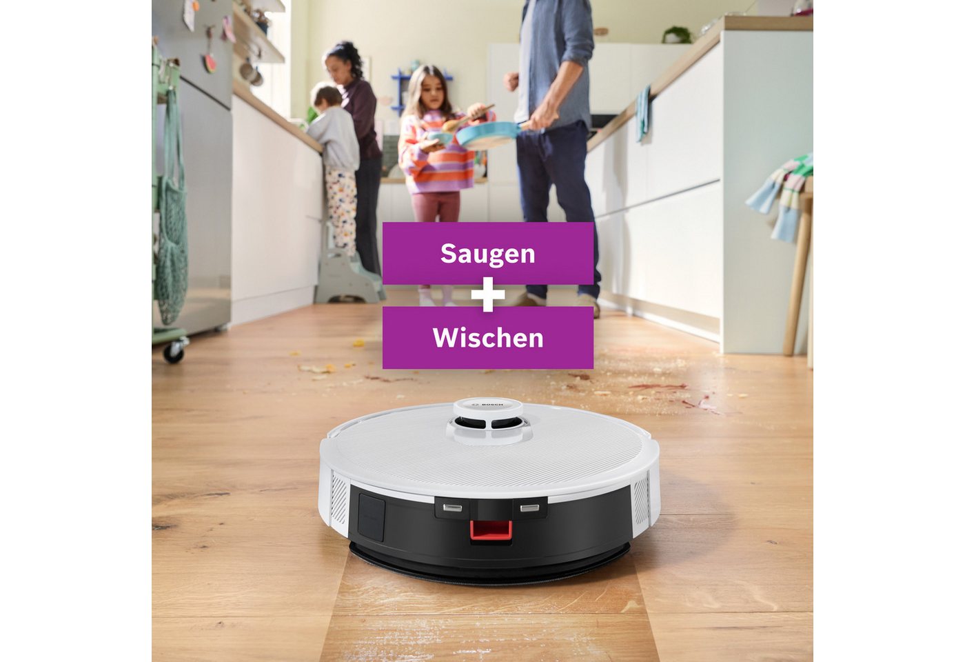 BOSCH Saugroboter Spotless BCRD1W, Saugroboter mit Wischfunktion, 11.000 Pa Saugkraft, 60 W, beutellos, Trocken-Servicestation, Infrarot Navigation, Carbon Bürste weiß