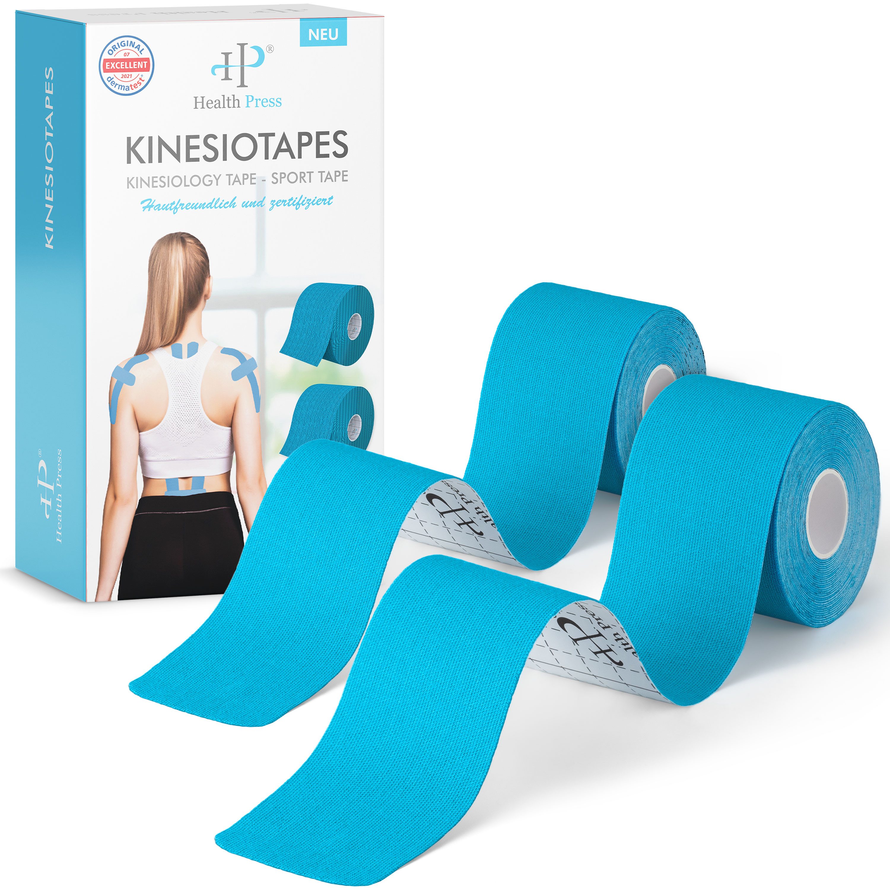 Health Press Kinesiologie-Tape 2 Rollen Profi Physio Tape & Sporttape Hautfreundlich (5cm x 5m) DERMATEST: SEHR GUT