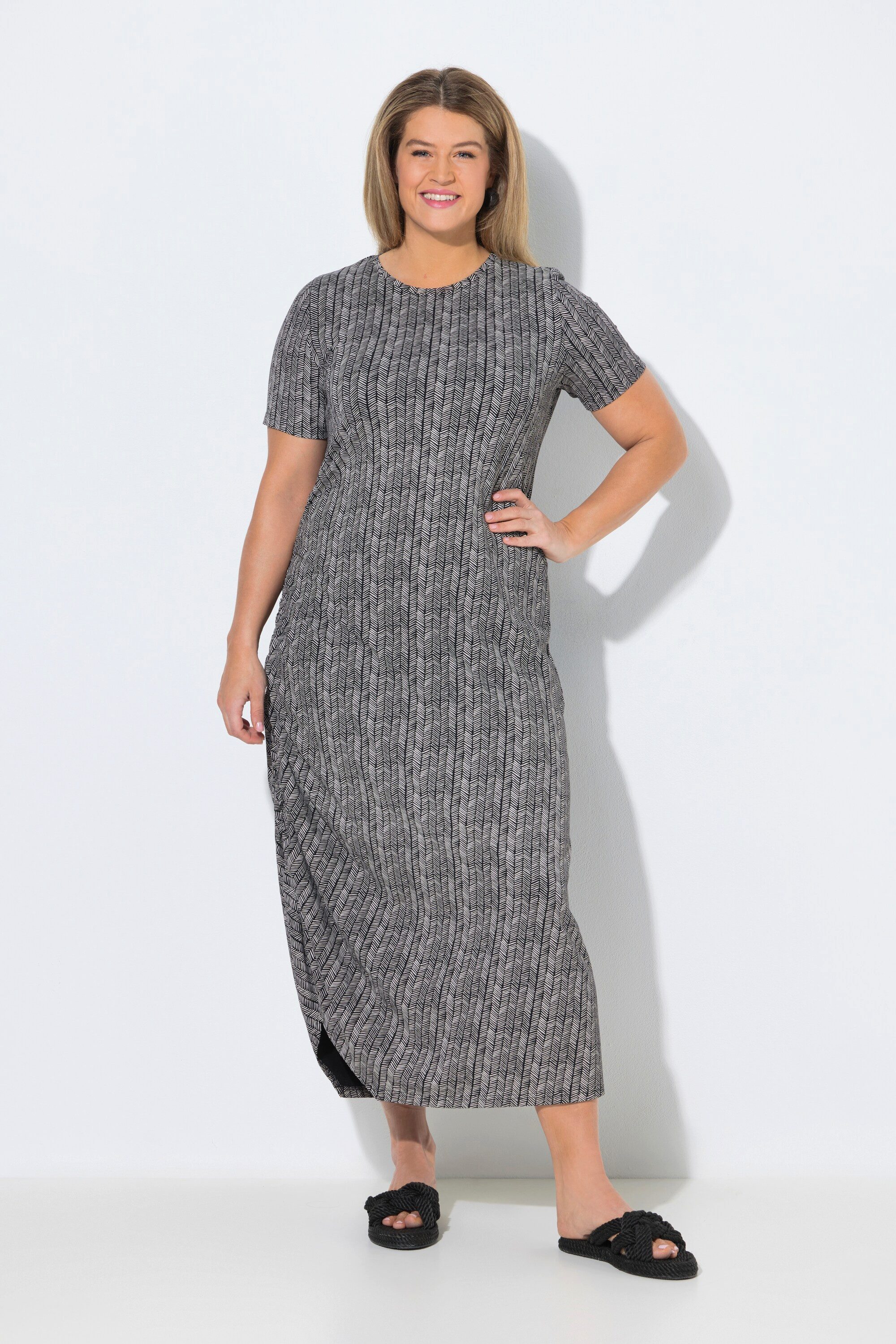 Ulla Popken Midikleid Maxikleid Fischgrat Rundhals Halbarm Biobaumwolle