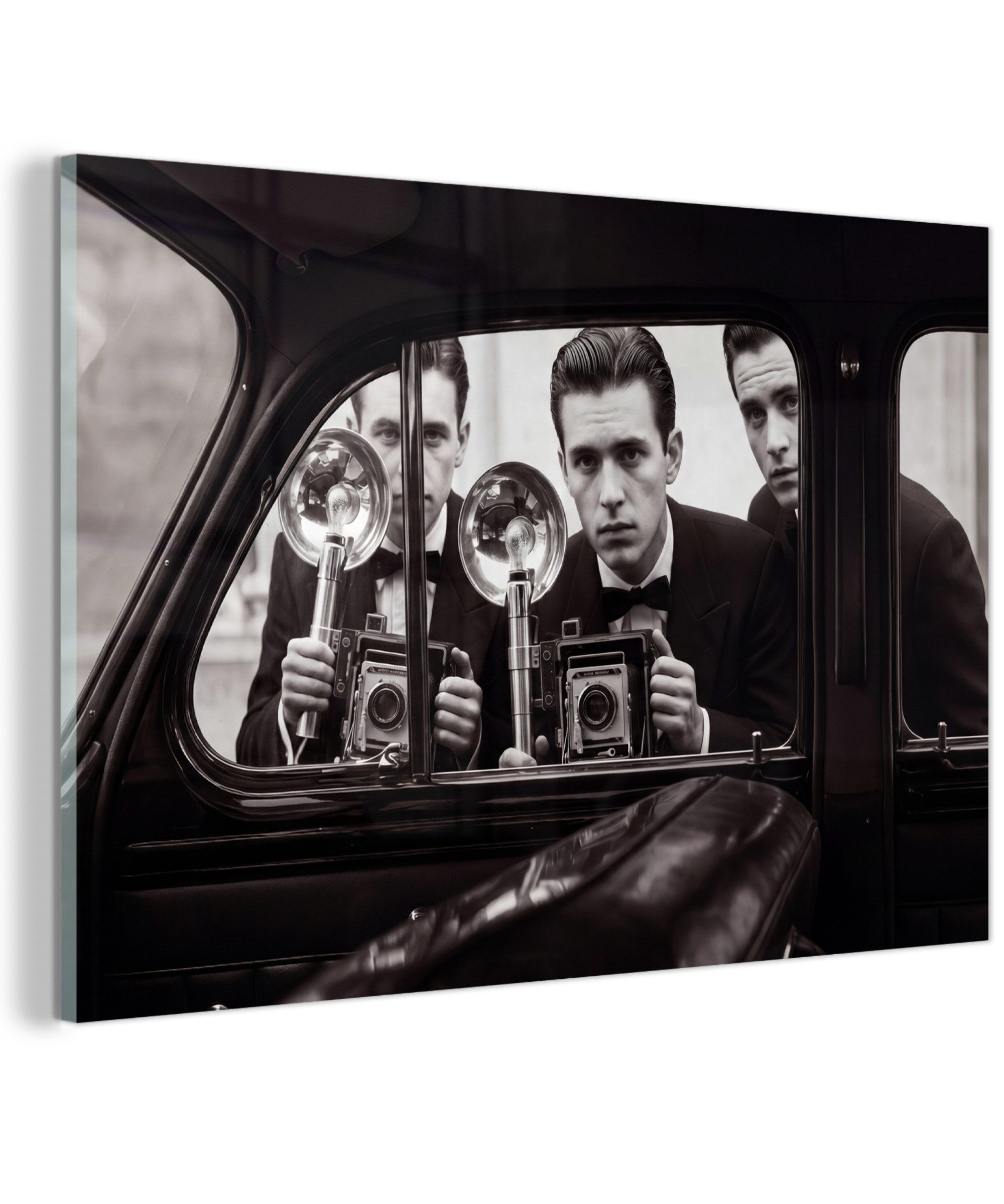 MuchoWow Acrylglasbild Fotograf – Kamera – Vintage – Journalismus – Schwarz-Weiß, Inkl. Aufhängung, Glasbilder Wohnzimmer, Schlafzimmer, Flur & Esszimmer, 30x20 cm