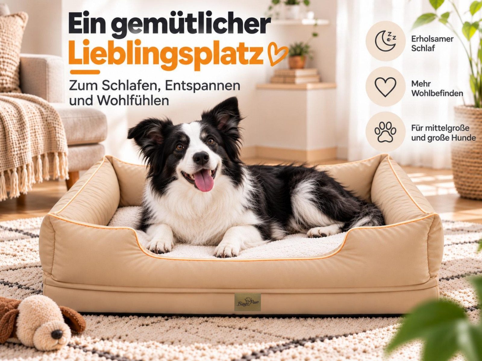 BingoPaw Hundebett Orthopädisches Hundesofa, abnehmbar waschbar Bezug, flauschig weich, Oxford-Gewebe, Kunstkaninchenfell, rundum herausnehmbare Polster, M/L/XL – Bild 2 von 5