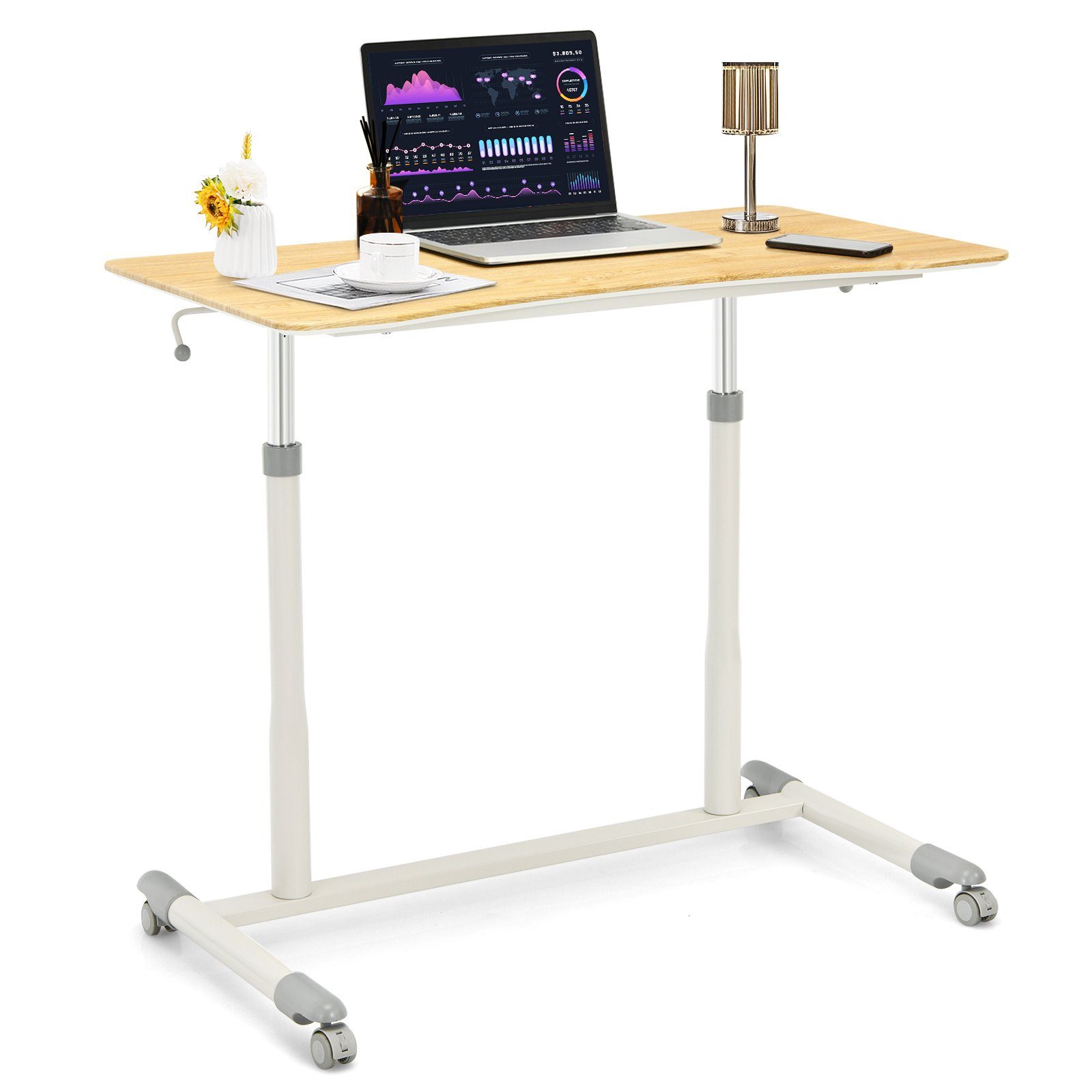 COSTWAY Schreibtisch, höhenverstellbar von 70-107cm, mit Rollen, breite 95cm Natur