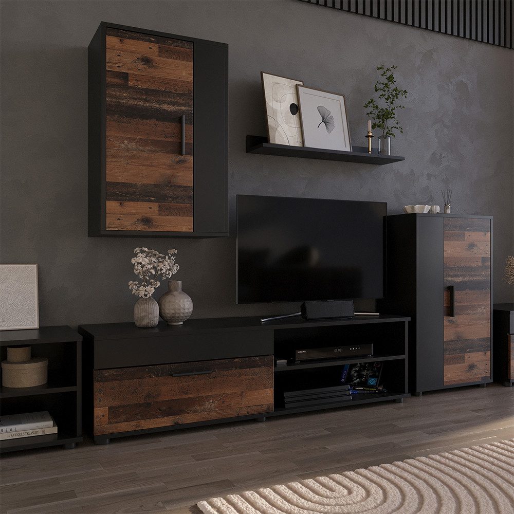 Vicco Wohnwand Berno, Schwarz/Oldstyle, mit 1 Klappe günstig online kaufen