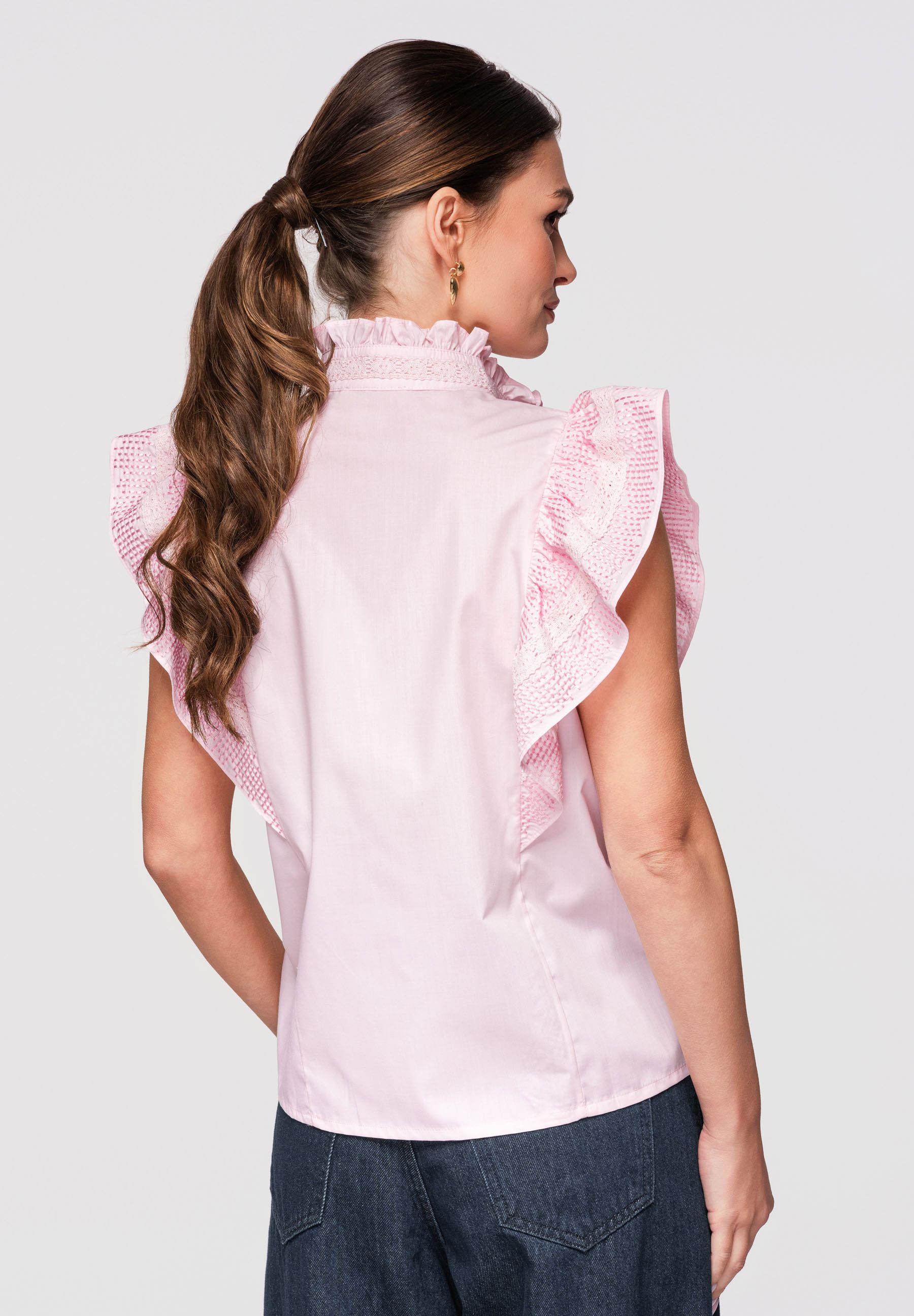OMBRE Blusentop Damen Blusentop mit Volants und Spitze Rose M (kein Set, 1-tlg) Ajour-Einsätze, dekorative Spitzenbänder, Falten