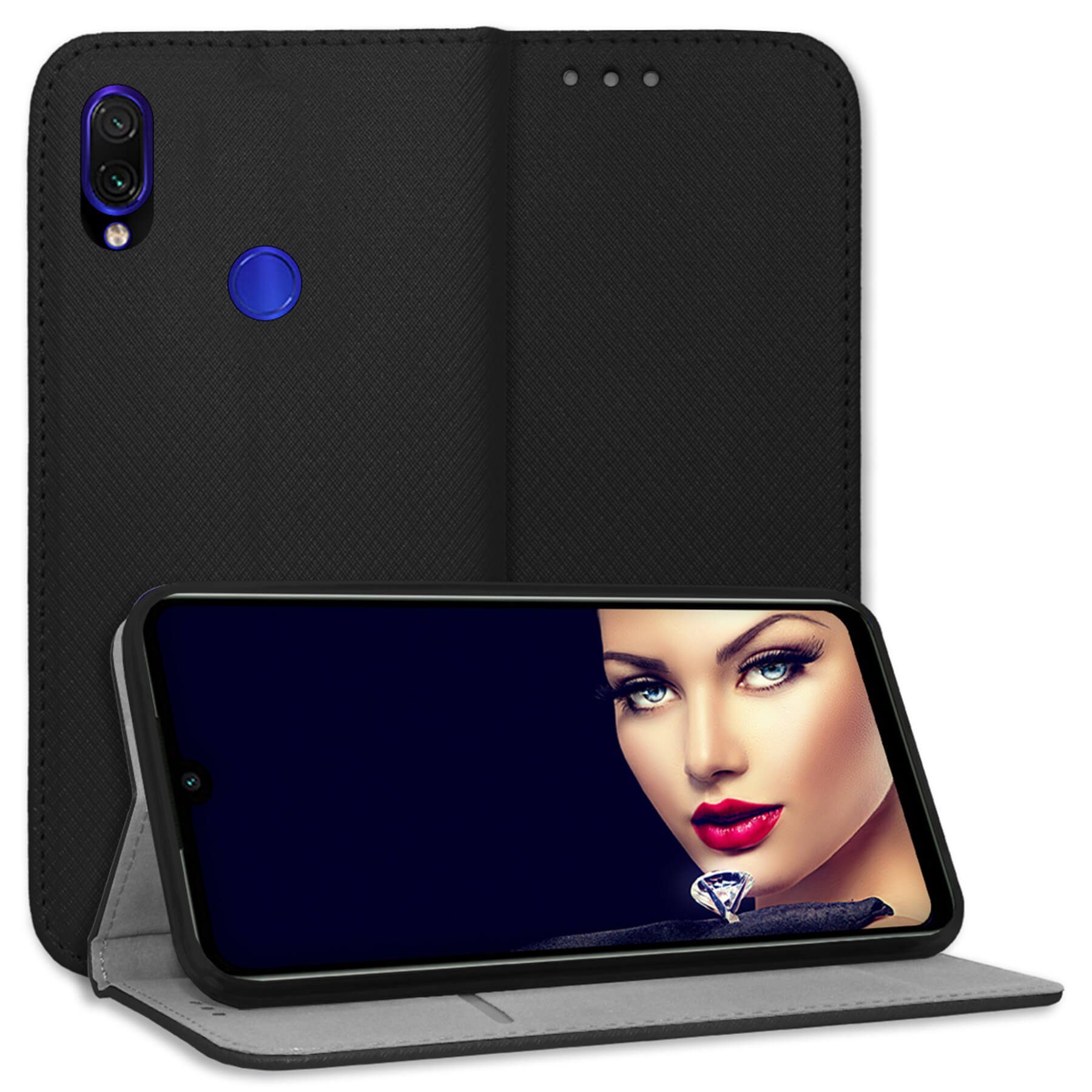 mtb more energy Smartphone-Hülle Smart Magnet für Xiaomi Redmi Note 7 / Note 7 Pro, Schwarz, Bookstyle Klapphülle Cover Wallet Case aus Kunstleder