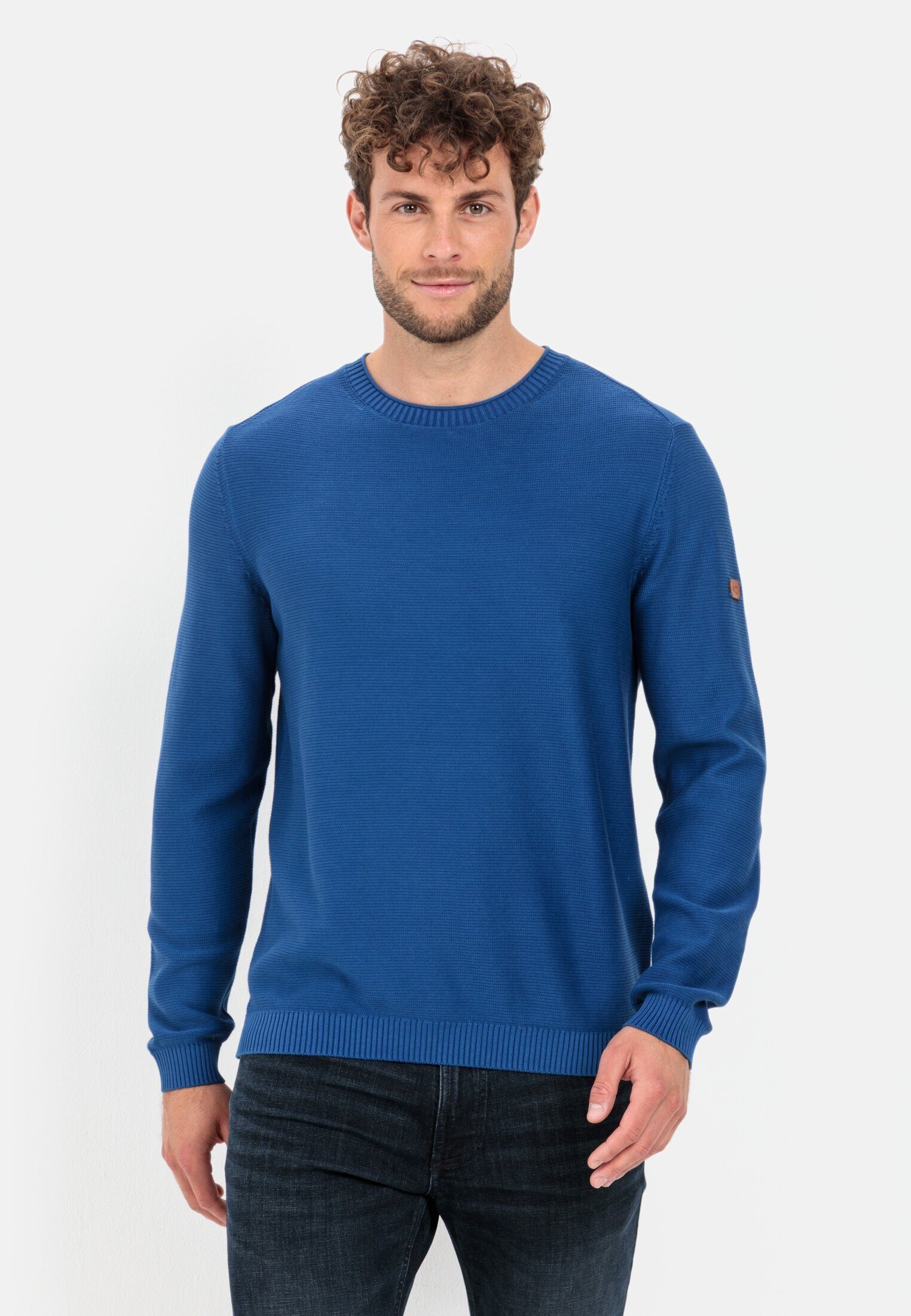 camel active Strickpullover Organic aus Cotton Blau Leder-Brandlabel