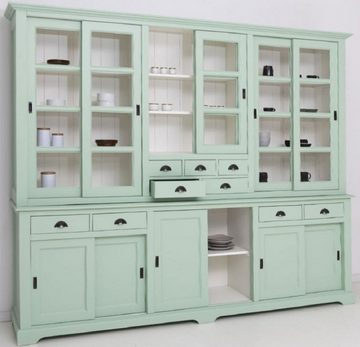 Casa Padrino Küchenbuffet Casa Padrino Landhausstil Esszimmerschrank Mintgrün / Weiß 280 x 55 x H. 225 cm - Massivholz Küchenschrank - Esszimmer Möbel im Landhausstil - Landhausstil Esszimmer Einrichtung