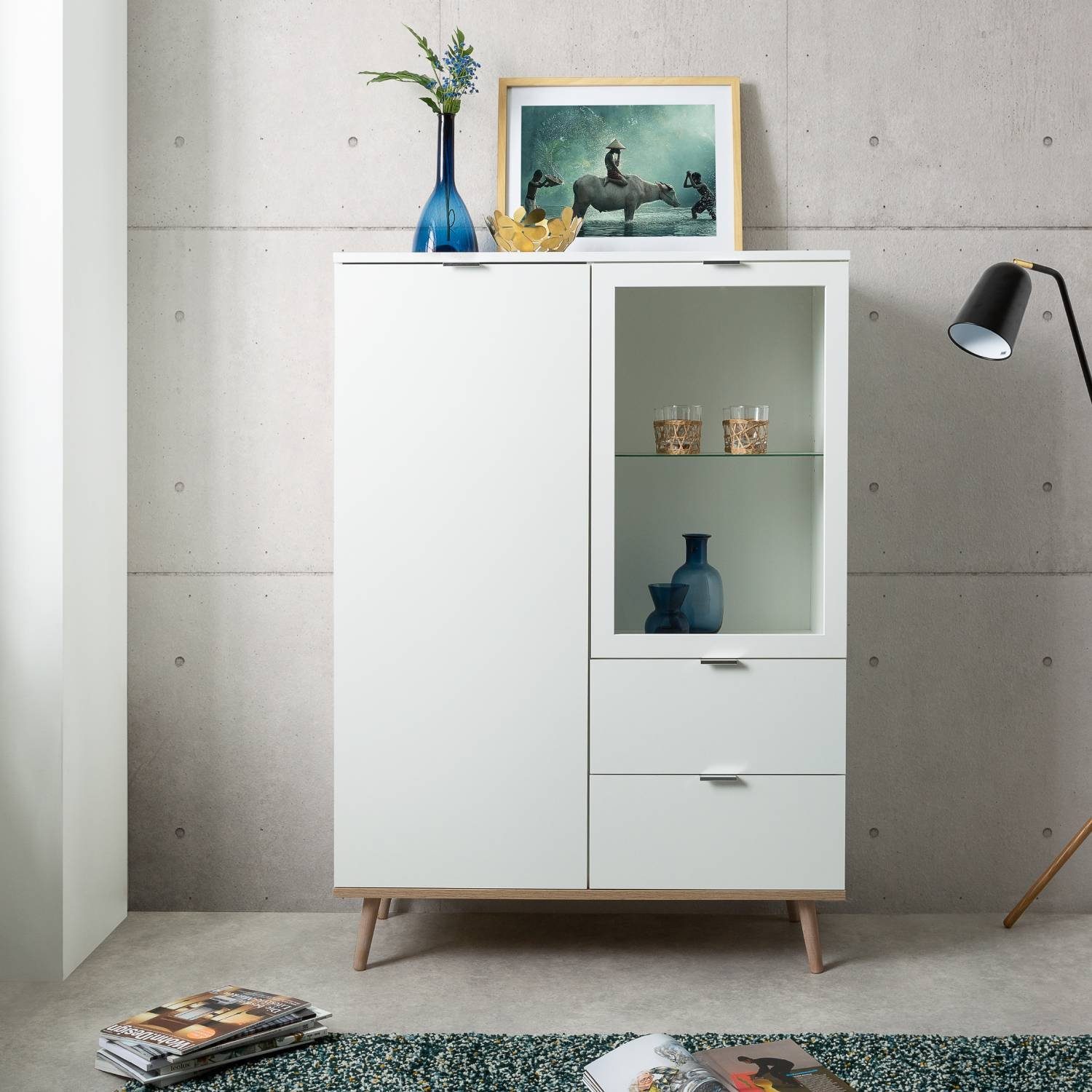 Homestyle4u Kommode Highboard Kommode mit Schubladen Sideboard Weiß Holz Wohnzimmerschrank