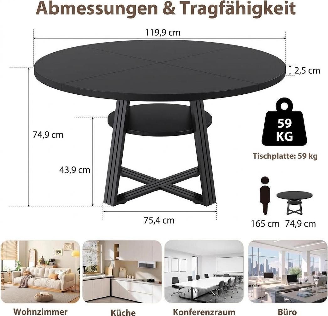 GarveeMore Esstisch Runder für 4-6 Personen,120 cm,Landhausküchentisch mit Stauraum, Küchentische für Esszimmer,Küche,Wohnzimmer,Wohnung