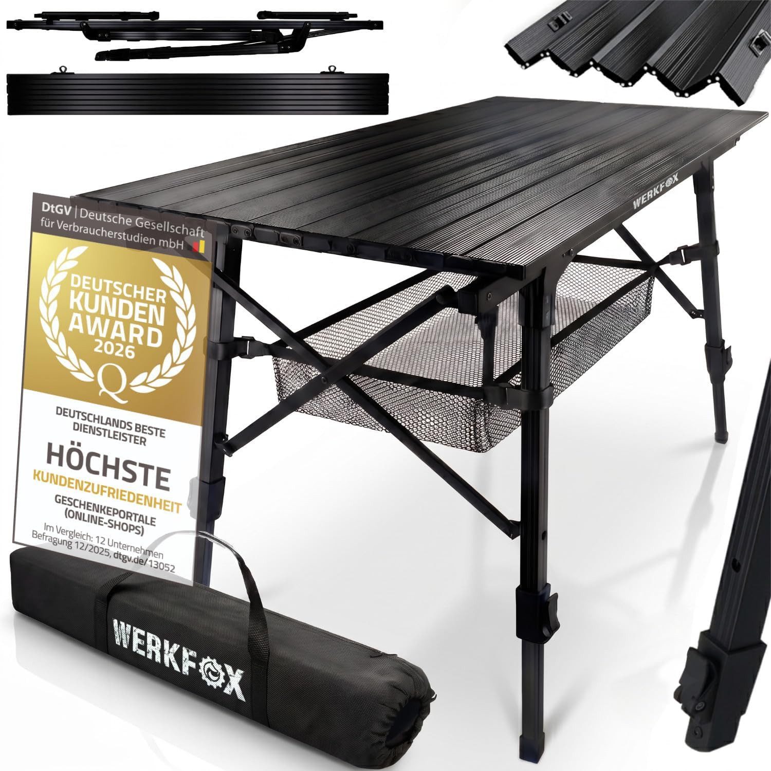 Goods+Gadgets Campingtisch Aluminium Campingtisch – Leicht, faltbar & wetterfest mit Tragetasche (Klappbarer Multifunktionstisch, mit aufrollbarer Tischplatte), & Tragetasche