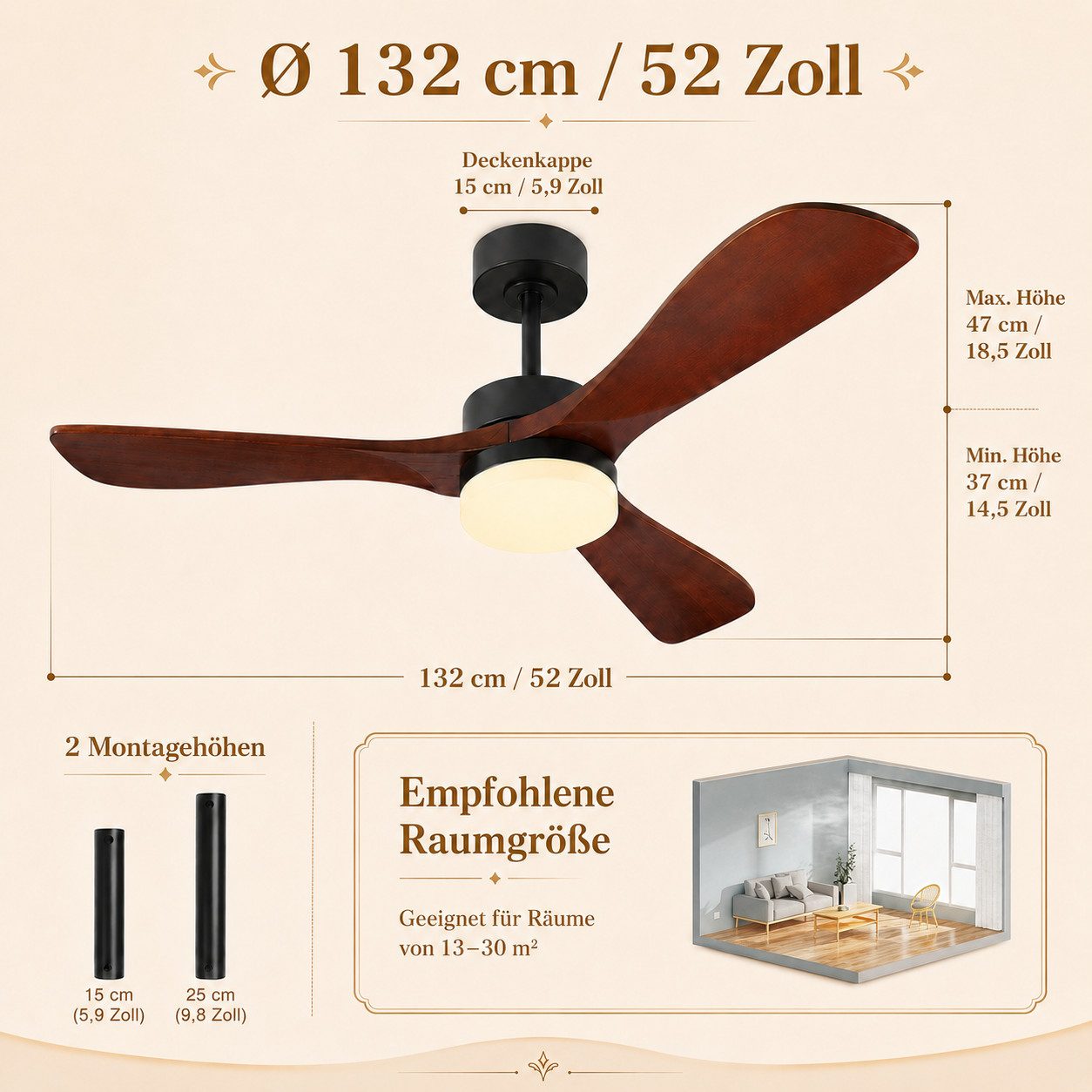 Sunicol Deckenventilator mit Beleuchtung, Dimmbar, Deckenlampe Ventilator 6 Windgeschwindigkeit, Flügel aus Massivholz, Leise, mit Fernbedienung&App, Timer