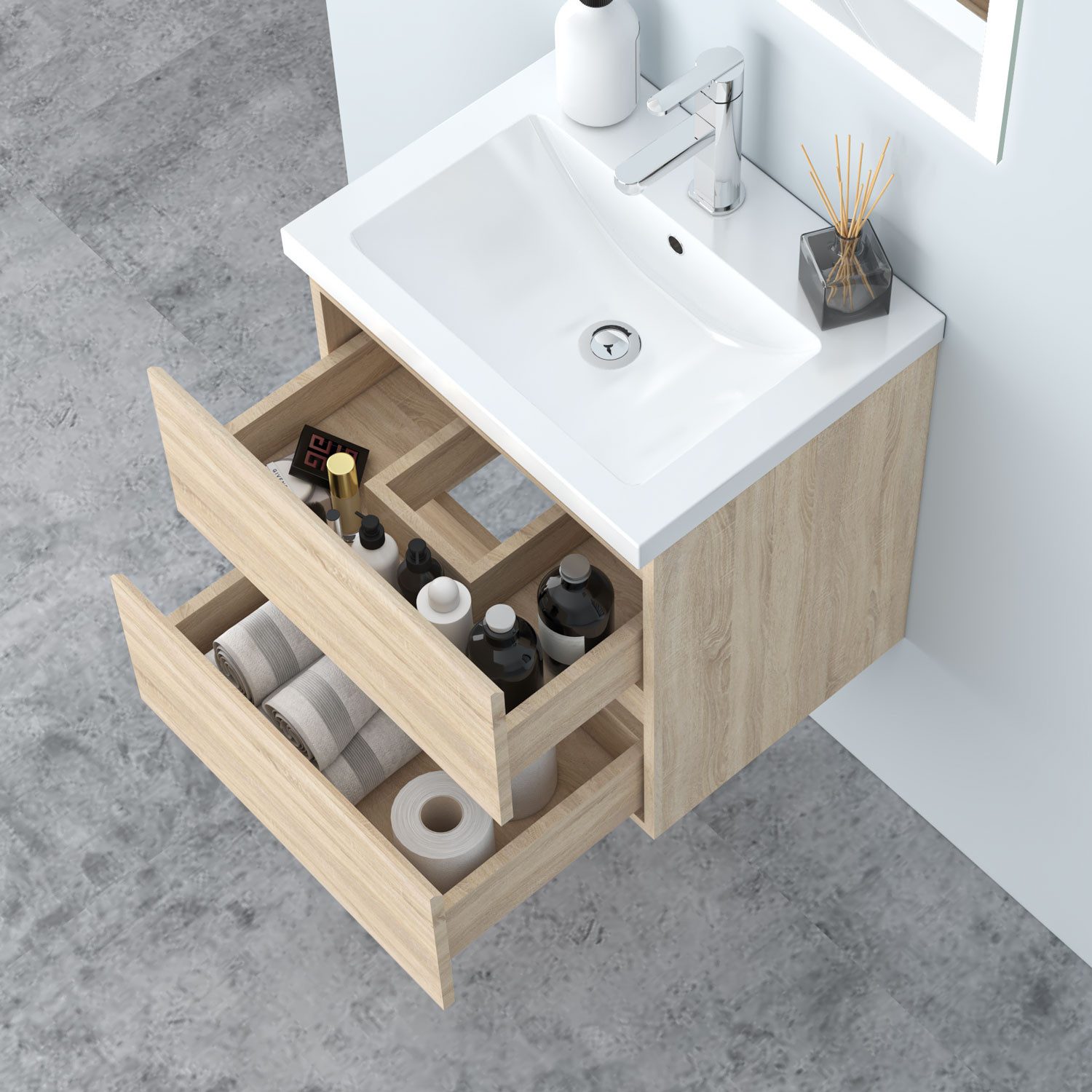 Aica Sanitär Waschtisch Mineralguss Waschbecken mit Unterschrank Badmöbel Set Hängeschrank