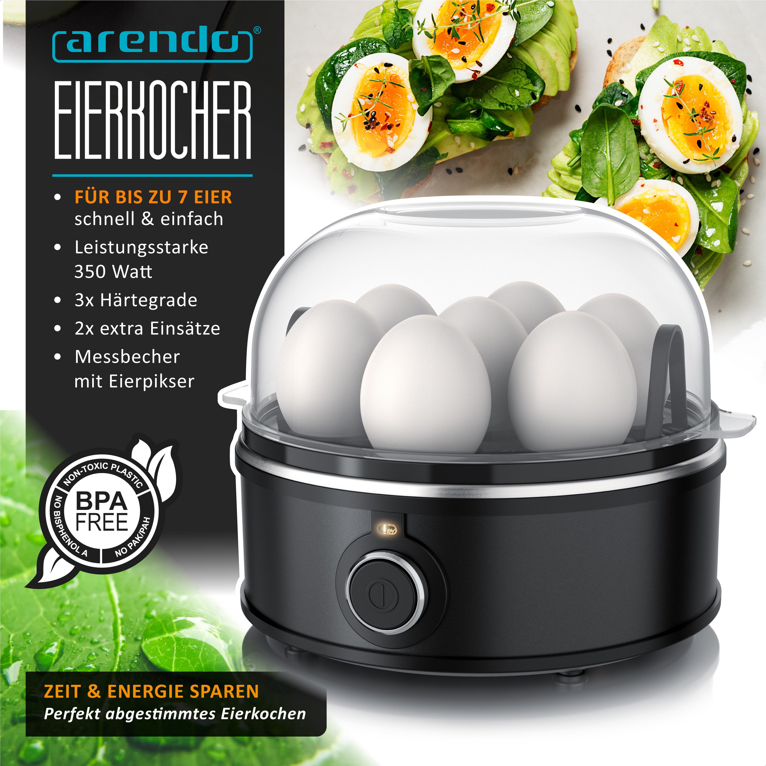 Arendo Eierkocher 7-Fach, Edelstahl, mit Warmhaltefunktion, 3 Härtegrade, für 1–7 Eier, Anzahl Eier: 7 St., 350 W, mit Einsatz für Eier, pochierte Eier & Omelette, Signalton, Egg Cooker