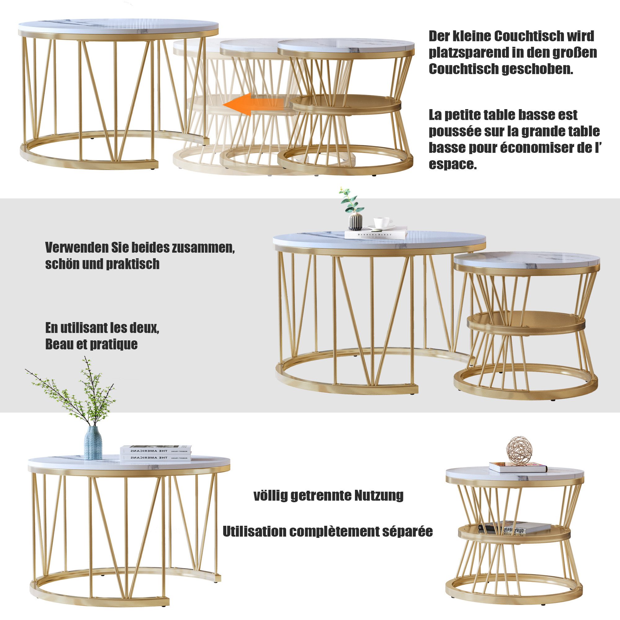 NMCXXO Couchtisch Elegantes 2er Set Couchtische aus Metall und Marmor (2-St., Platzsparendes stapelbares Design), Moderne, robuste Beistelltische im industriell – Bild 5 von 5