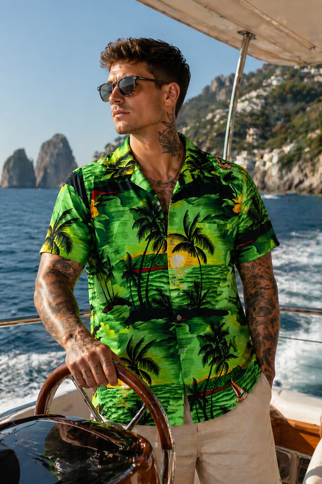 King Kameha Hawaiihemd "Surf" Funky Hawaii-Hemd Herren Kurzarm Front-Tasche Sommerhemd