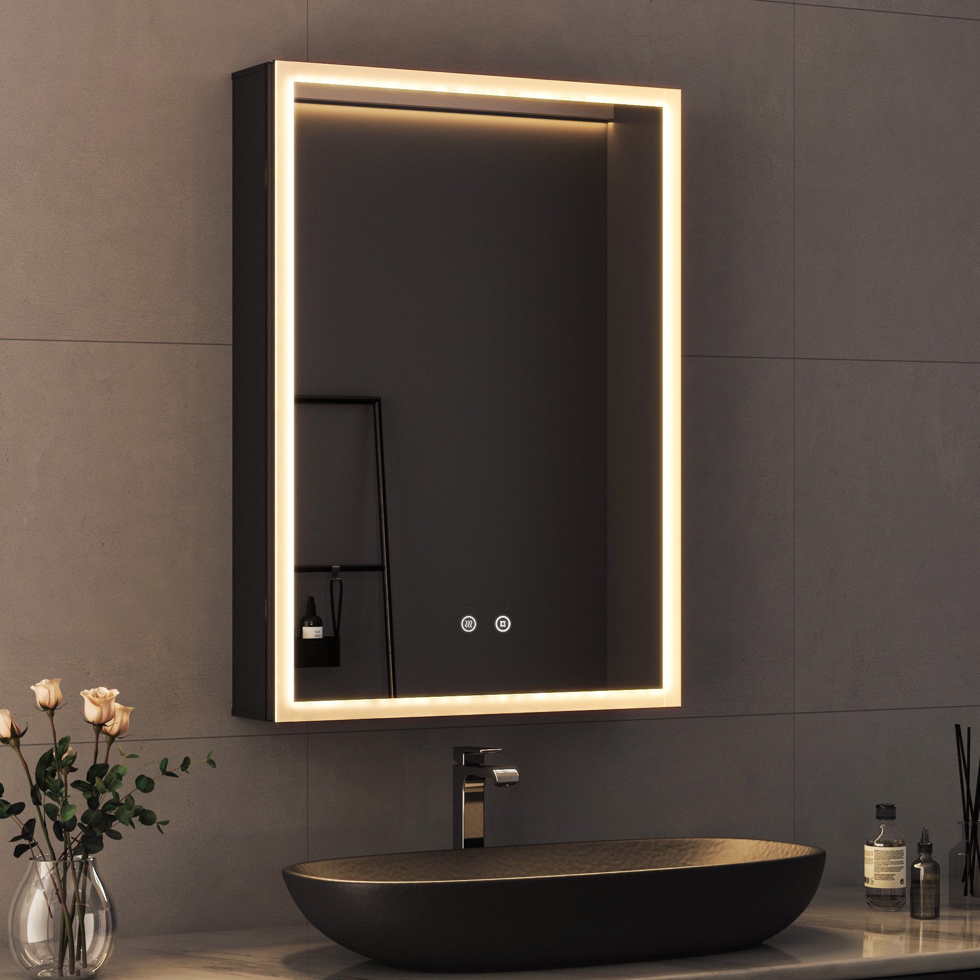 WDWRITTI Spiegelschrank LED Schwarz Alu-Schranktür Badezimmerspiegelschrank günstig online kaufen