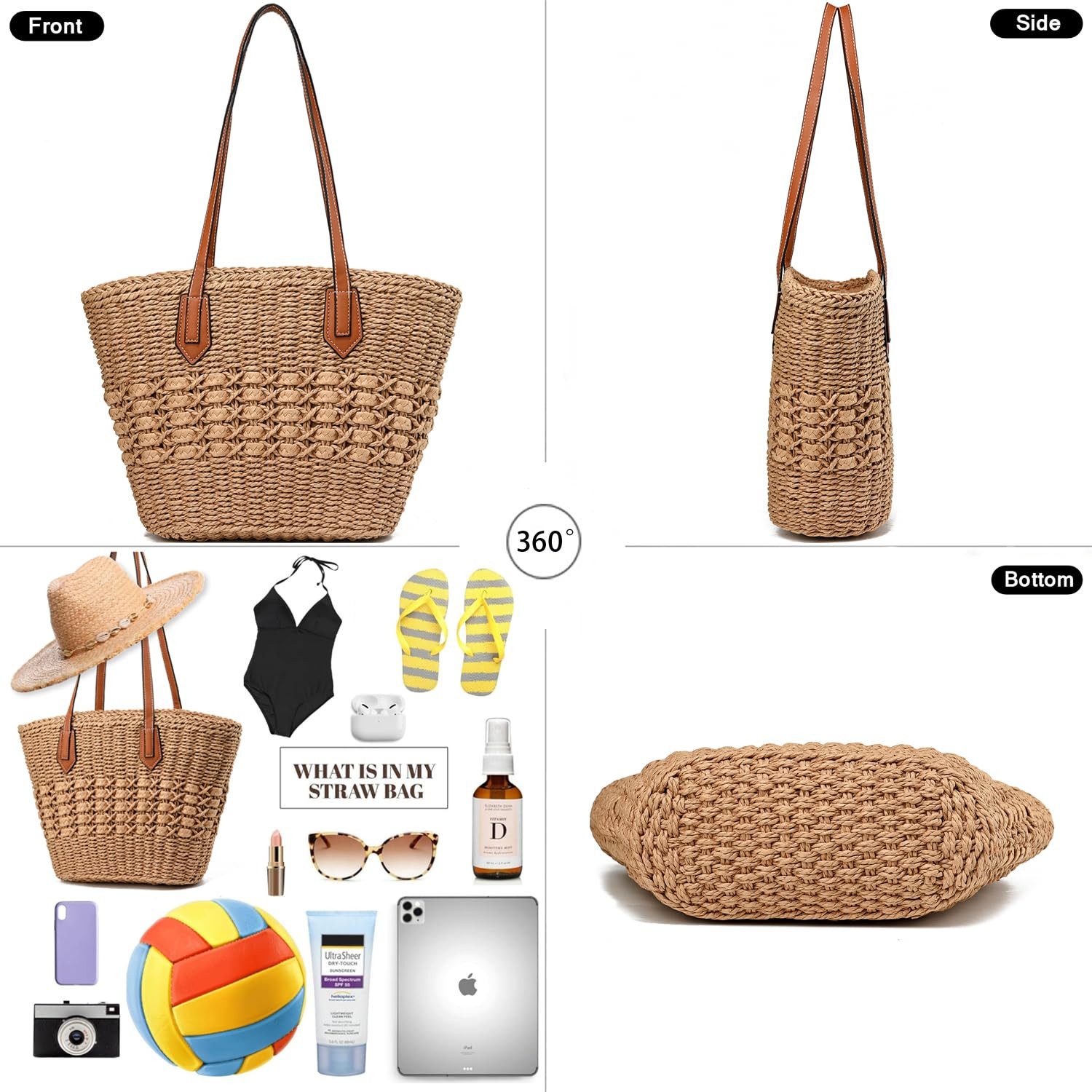 Coonoor Strandtasche Strohtaschen für Damen, Gewebte Strandtasche, Lässige Boho Große, Schultertasche Handtasche für Urlaub und Ferien