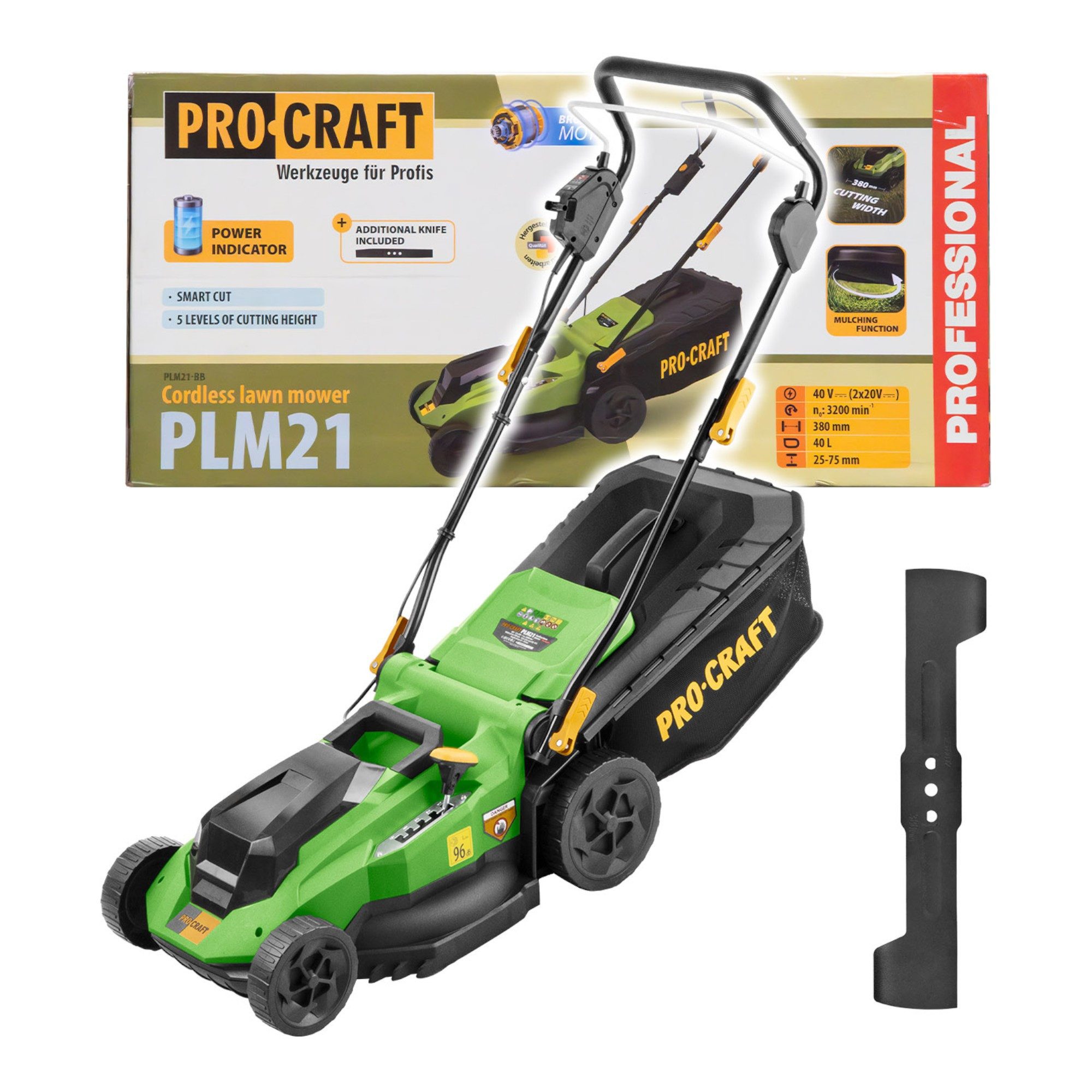 PRO CRAFT Akkurasenmäher PLM21bb Rasenmäher 40V (2x 20 V) 380 mm Brushless - ohne Akku, Lader