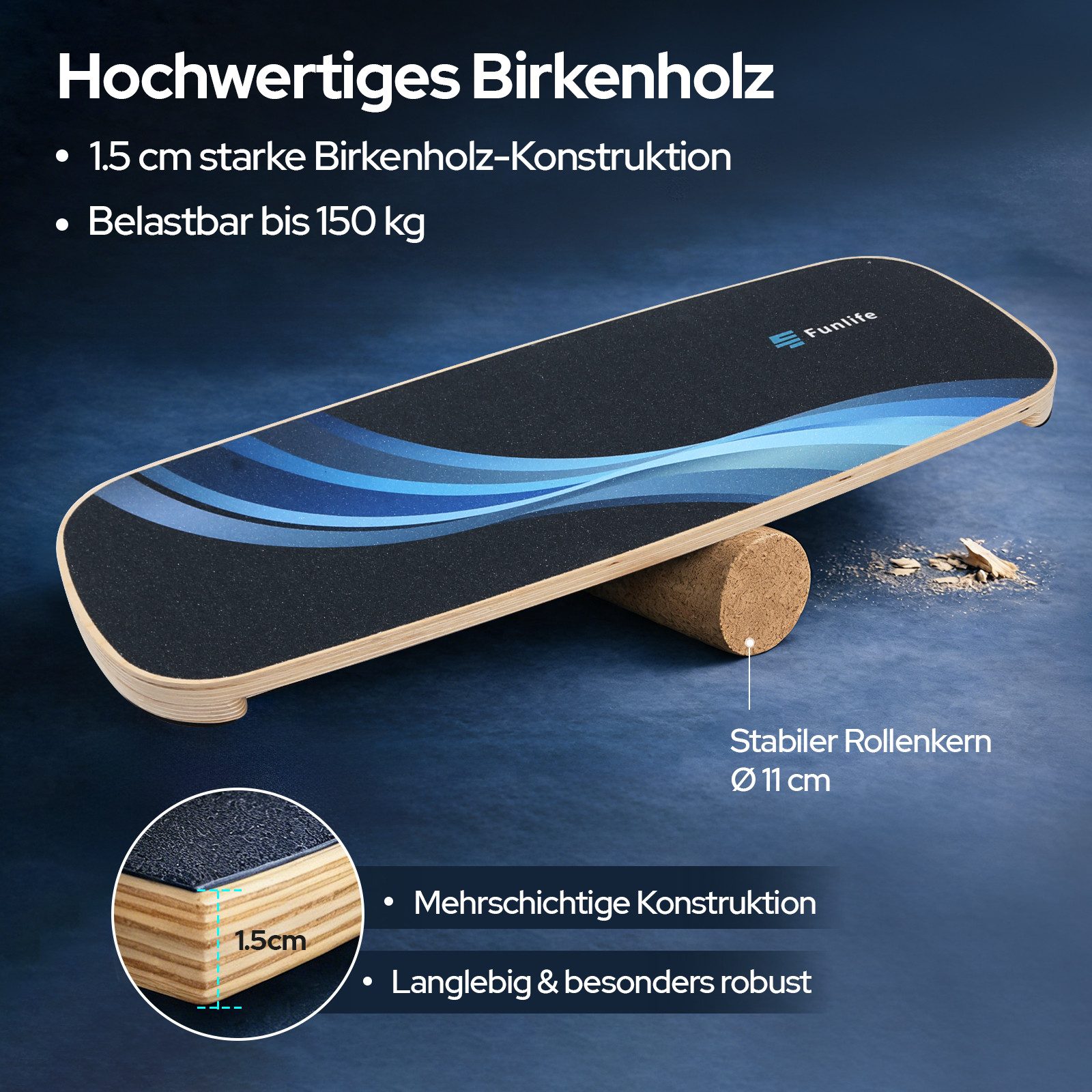 FunLife Balanceboard ALPIN & WAVE Design-Edition, Premium-Birkenholz, mit Naturkorkrolle, bis 150 kg