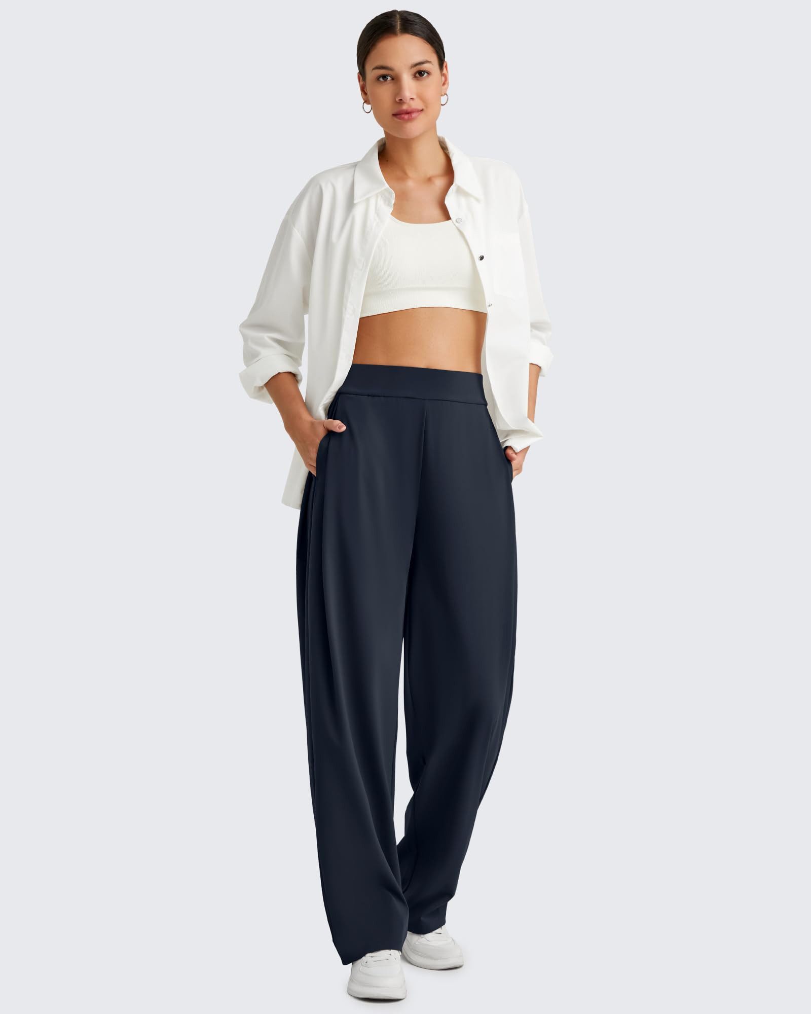 G4Free Palazzohose Damen Weite Business-Freizeithose, lockere Lounge-Hose im Business-Look, elegante Anzughose mit Taschen