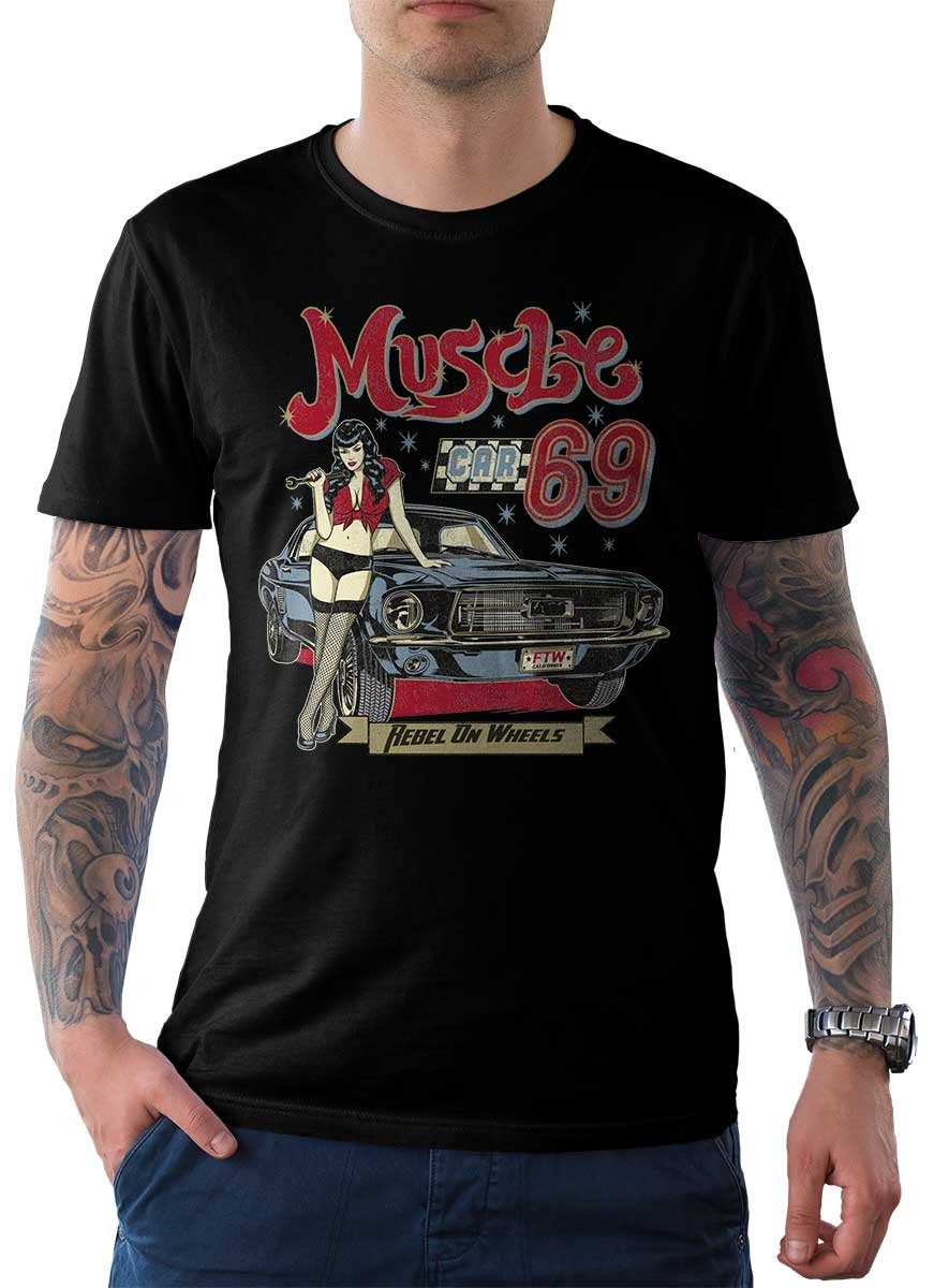 Rebel On Wheels T-Shirt Herren T-Shirt Tee Muscle Car 69 mit Auto / US-Car Motiv Schwarz