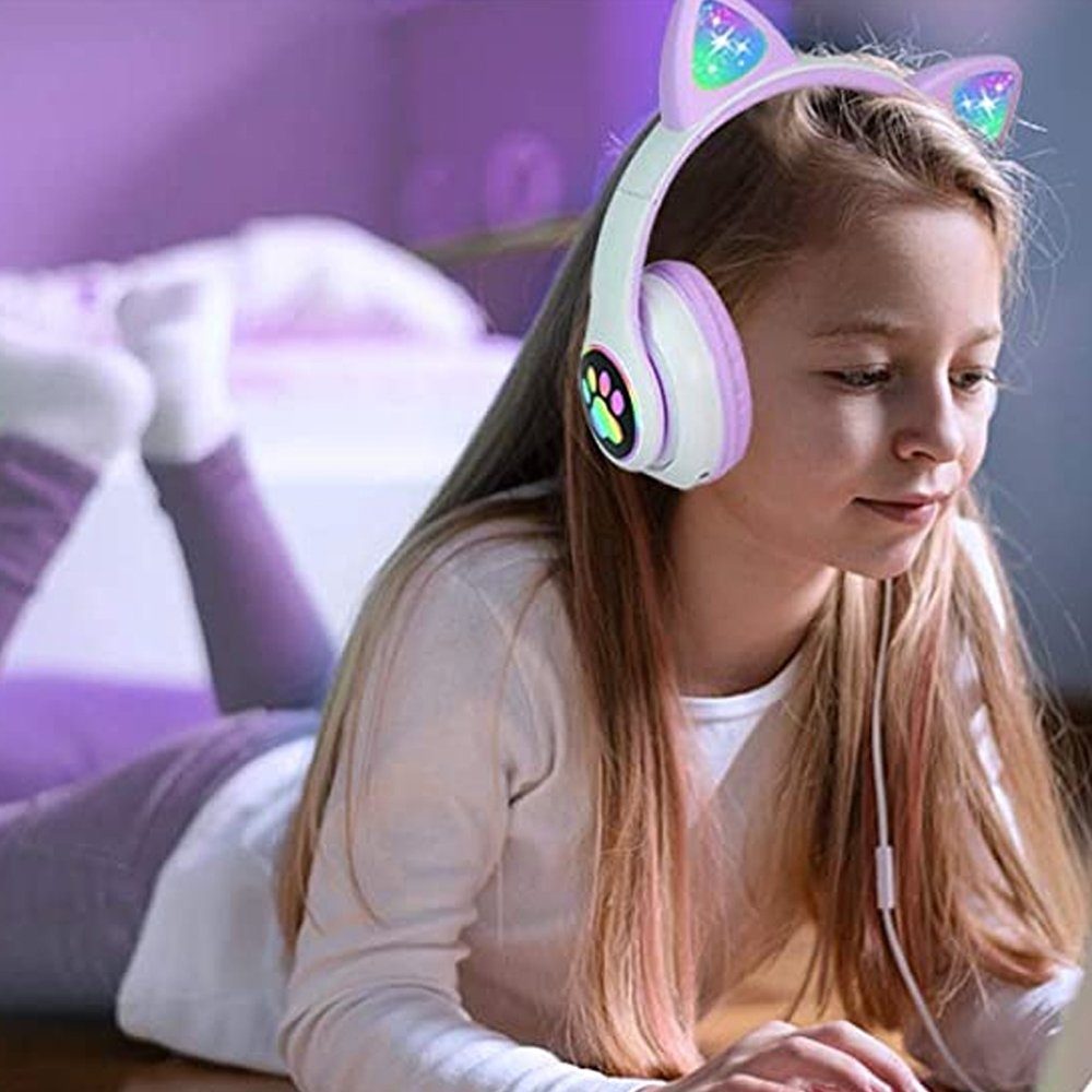 GelldG Kinderkopfhörer Bluetooth, Mädchen Katzenohr Kinder-Kopfhörer Kopfhörer Over-Ear