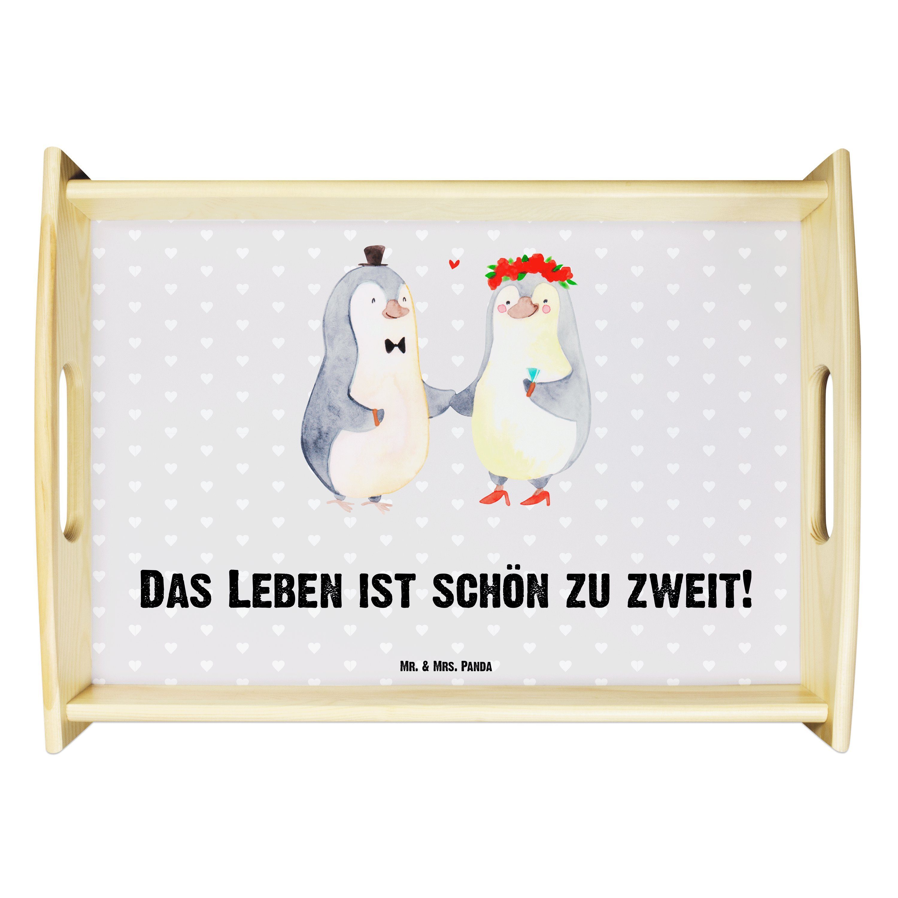 Mr. & Mrs. Panda Tablett Pinguin Heirat - Grau Pastell - Geschenk, Dekotablett, Heiraten, Brau, Echtholz lasiert, (1-tlg)