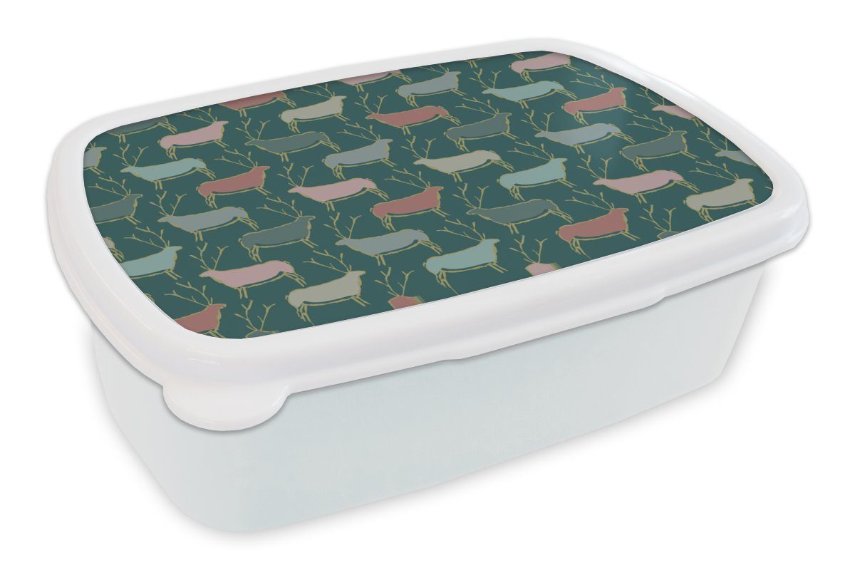 MuchoWow Lunchbox Muster - Hirsche - Grün, Kunststoff, (2-tlg), Brotbox für Kinder und Erwachsene, Brotdose, für Jungs und Mädchen weiß