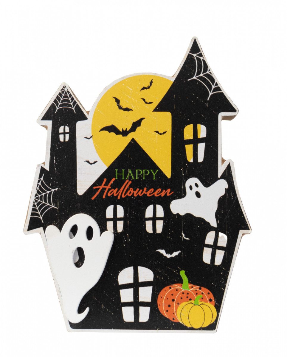 Dekoobjekt Happy Halloween Haunted House Holz Block Aufstelle