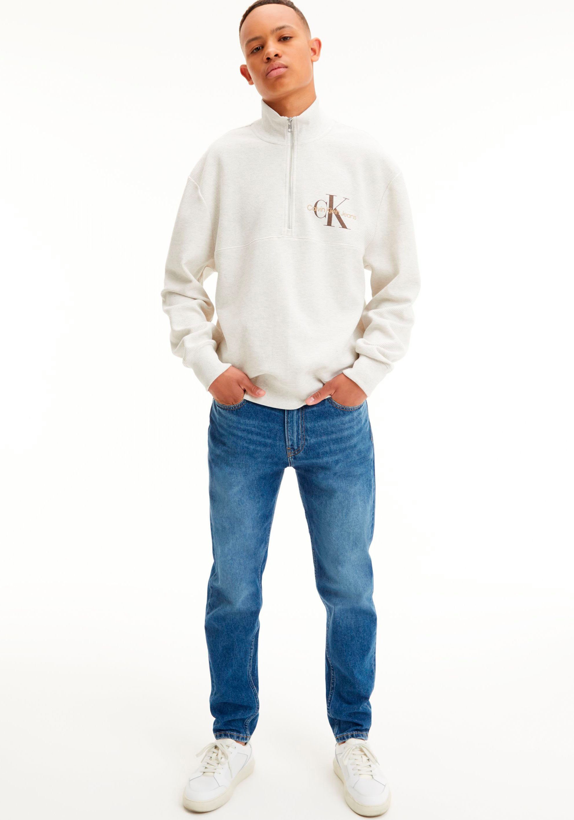 Calvin Klein Jeans Sweatshirt HALF halblangem Reißverschluss ZIP Heather MONOLOGO Grey WAFFLE HWK White Troyerkragen und mit