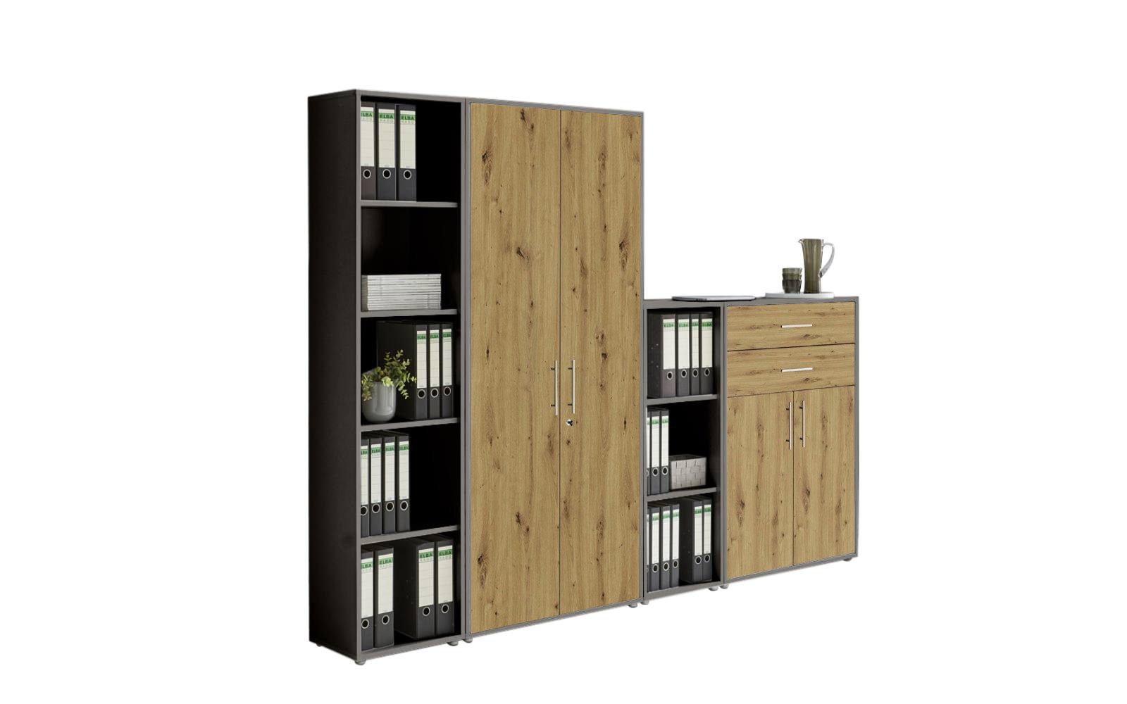 BMG Möbel Aktenschrank Office Edition (Set 22, Büroschrank abschließbar mit Metallgriffen, 4 teilig) 2x Regal, 1x großer Aktenschrank, 1x Schubkastenschrank