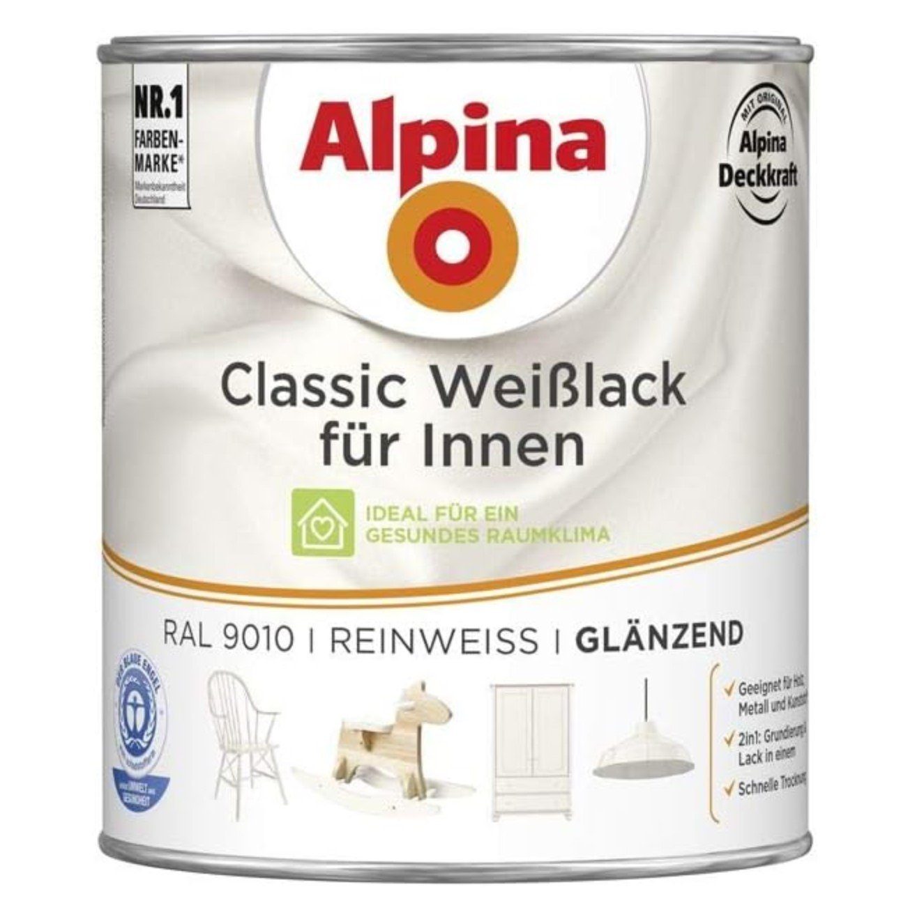 Alpina Weißlack ALPINA Classic Weißlack für Innen, Reinweiß, glänzend, 750ml