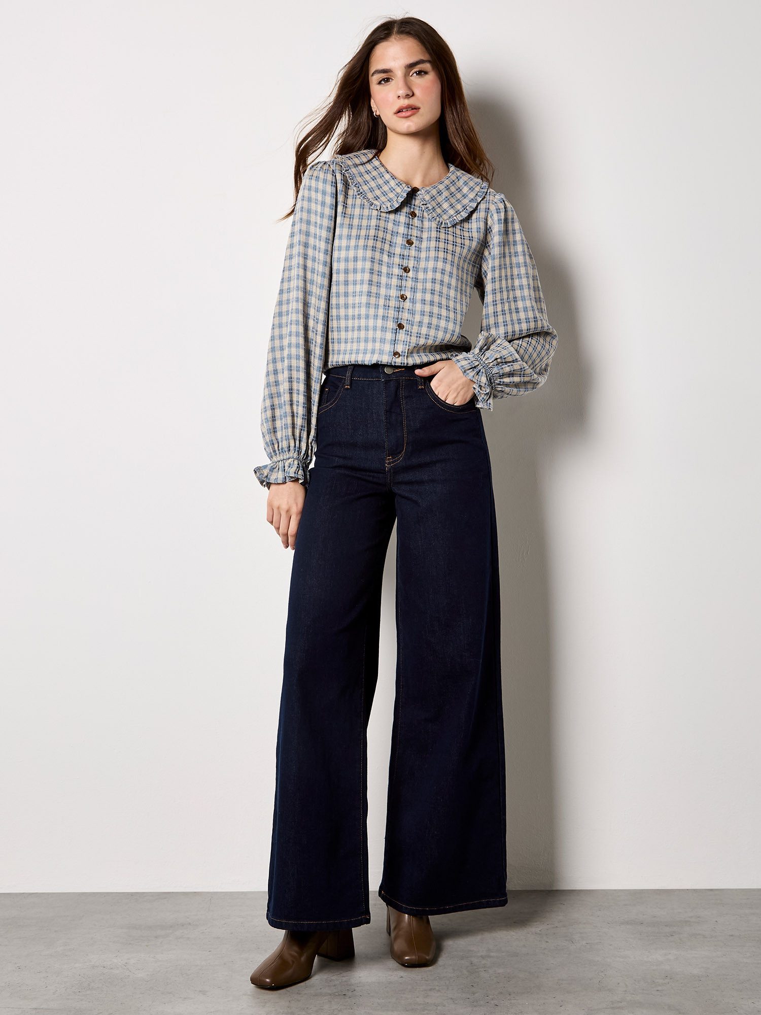 Apricot Rüschenbluse Chenille-Karomuster-Hemd mit Rüschen-Kragen