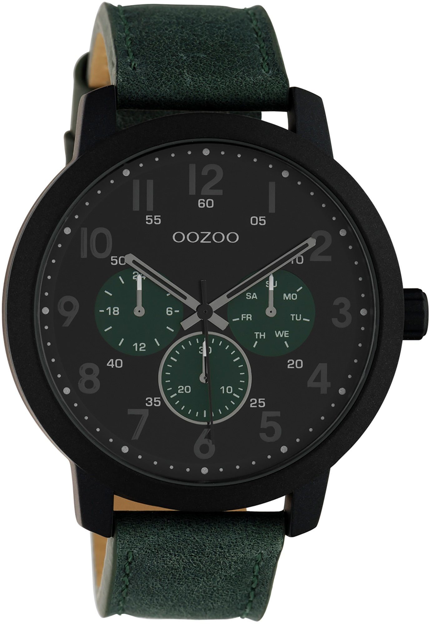 OOZOO Quarzuhr Oozoo Herren Armbanduhr grün Analog, Herrenuhr rund, groß (ca. 45mm) Lederarmband, Fashion-Style