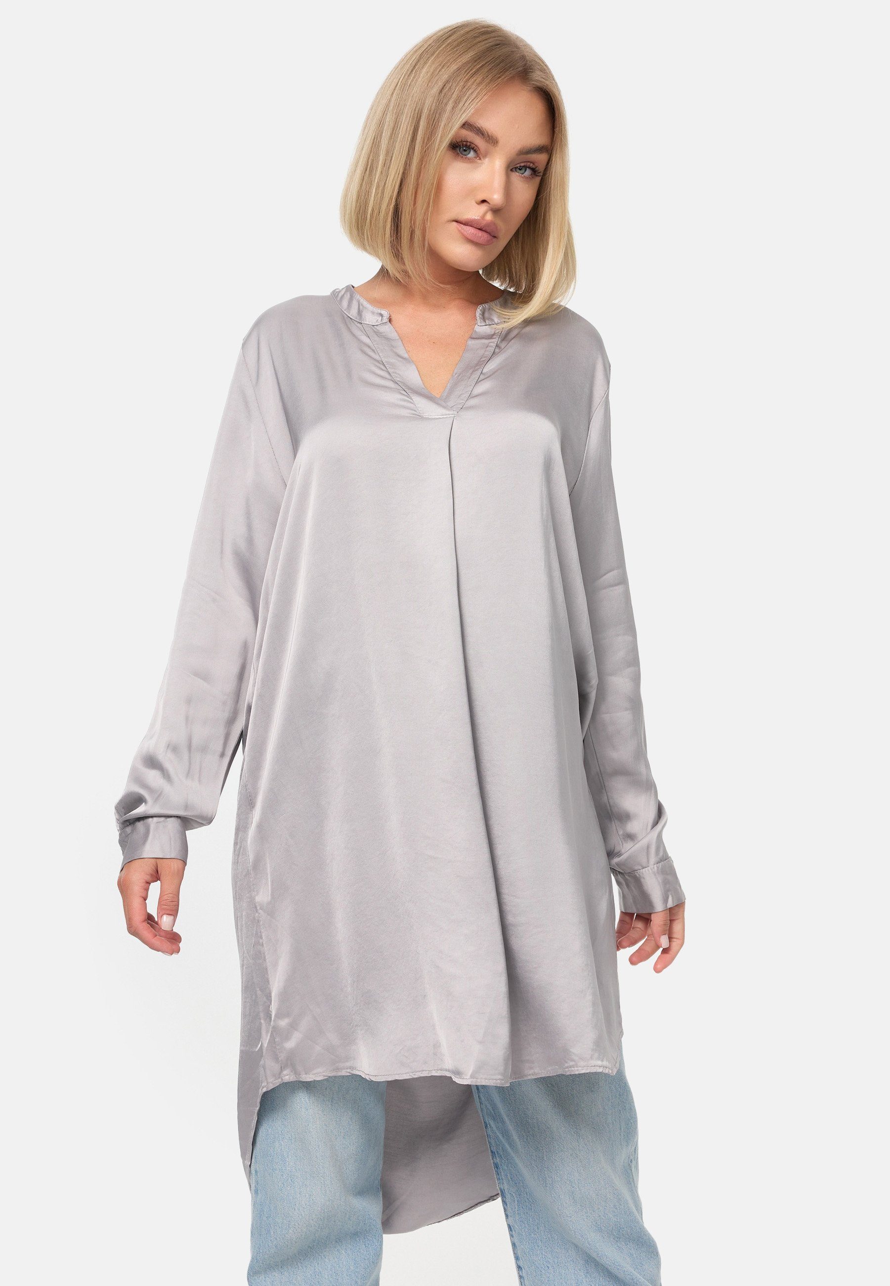 PM SELECTED Longbluse PM-07 (Elegante Satin Light Oversize Business Long Bluse in Einheitsgröße)