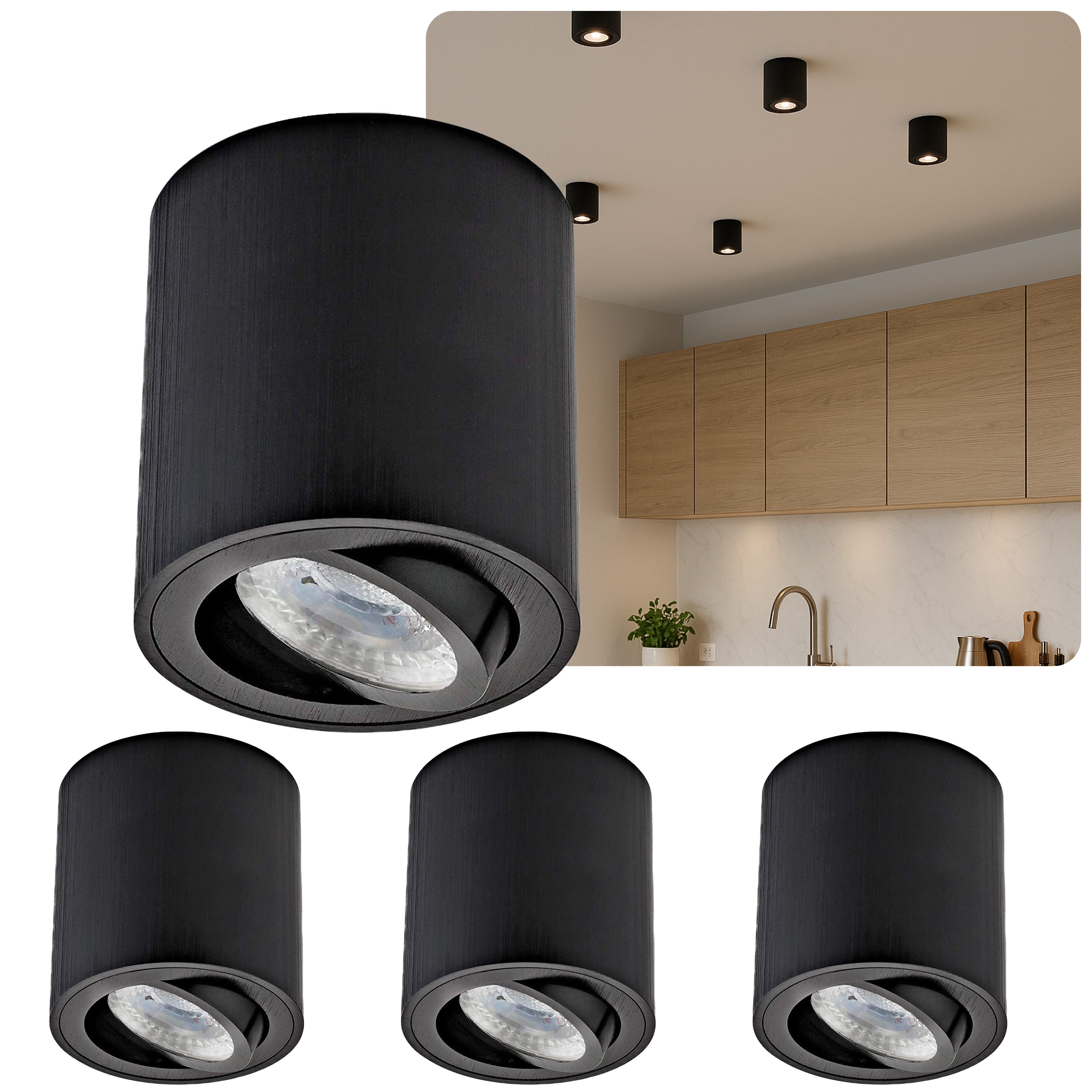 Sweet LED LED Aufbaustrahler 4er Set LED Aufbauspots GU10 schwarz – 7W Deckenspot 230V, LED wechselbar, Warmweiß, LED Deckenlampe, Deckenstrahler