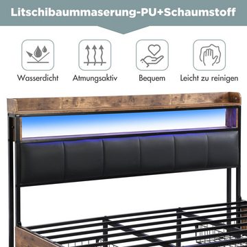 OKWISH Holzbett Polsterbett Jugendbett (140*200 mit Lattenrost und Kopfteil, LED-Bett, Jugendbett, mit 4 Schubladen), Einfache Montage, PU, schwarz