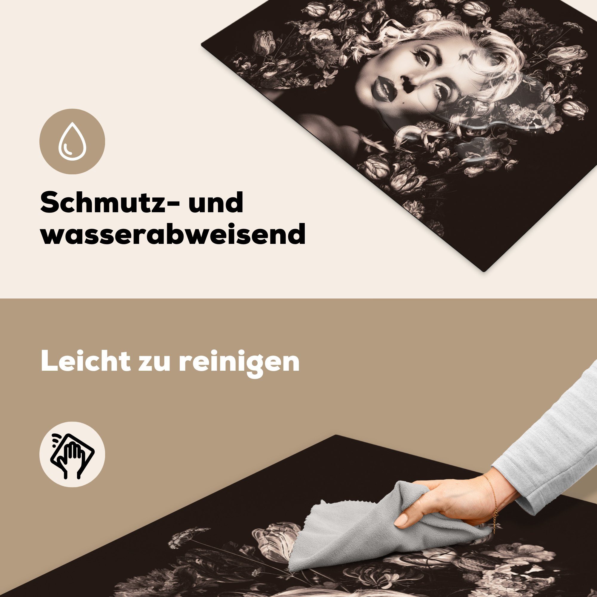 (1 MuchoWow tlg), die cm, Vinyl, - - - Induktionskochfeld Ceranfeldabdeckung Frau für Weiß Schwarz Schutz küche, Herdblende-/Abdeckplatte Blumen, 71x52