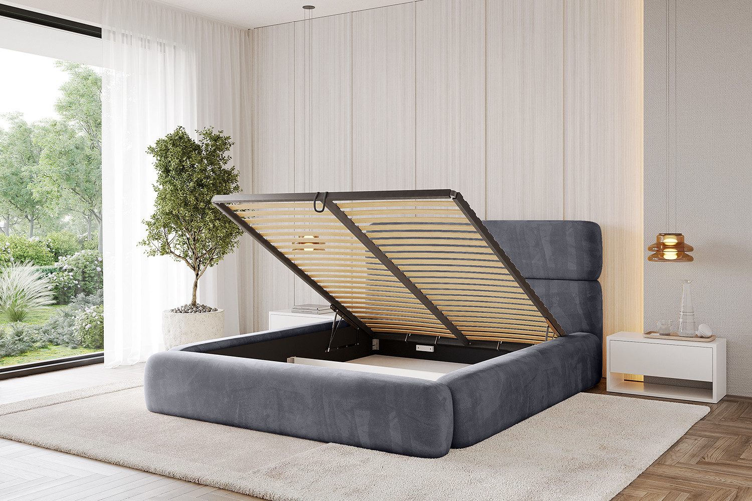 ALTDECOR Polsterbett ENORA (Polsterbett mit Bettkasten und Lattenrost, Boxbett ohne Matratze), Doppelbett mit Stauraum, Bett mit Kopfteil