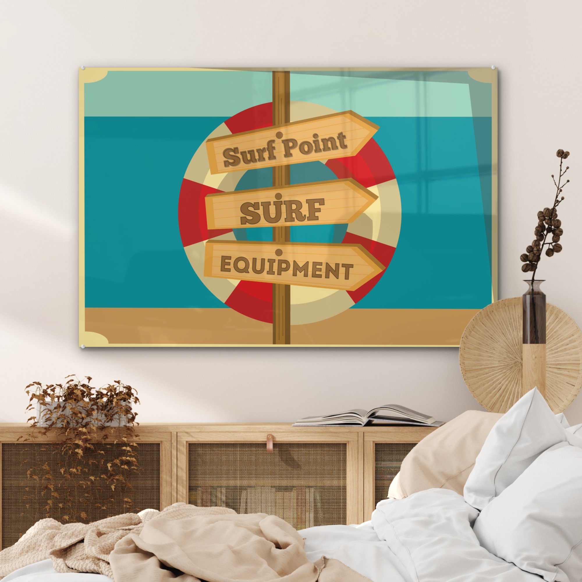 MuchoWow Acrylglasbild Illustration Rettungsboje, & St), mit 'surf (1 surf Wohnzimmer Acrylglasbilder point, Schlafzimmer equipment'