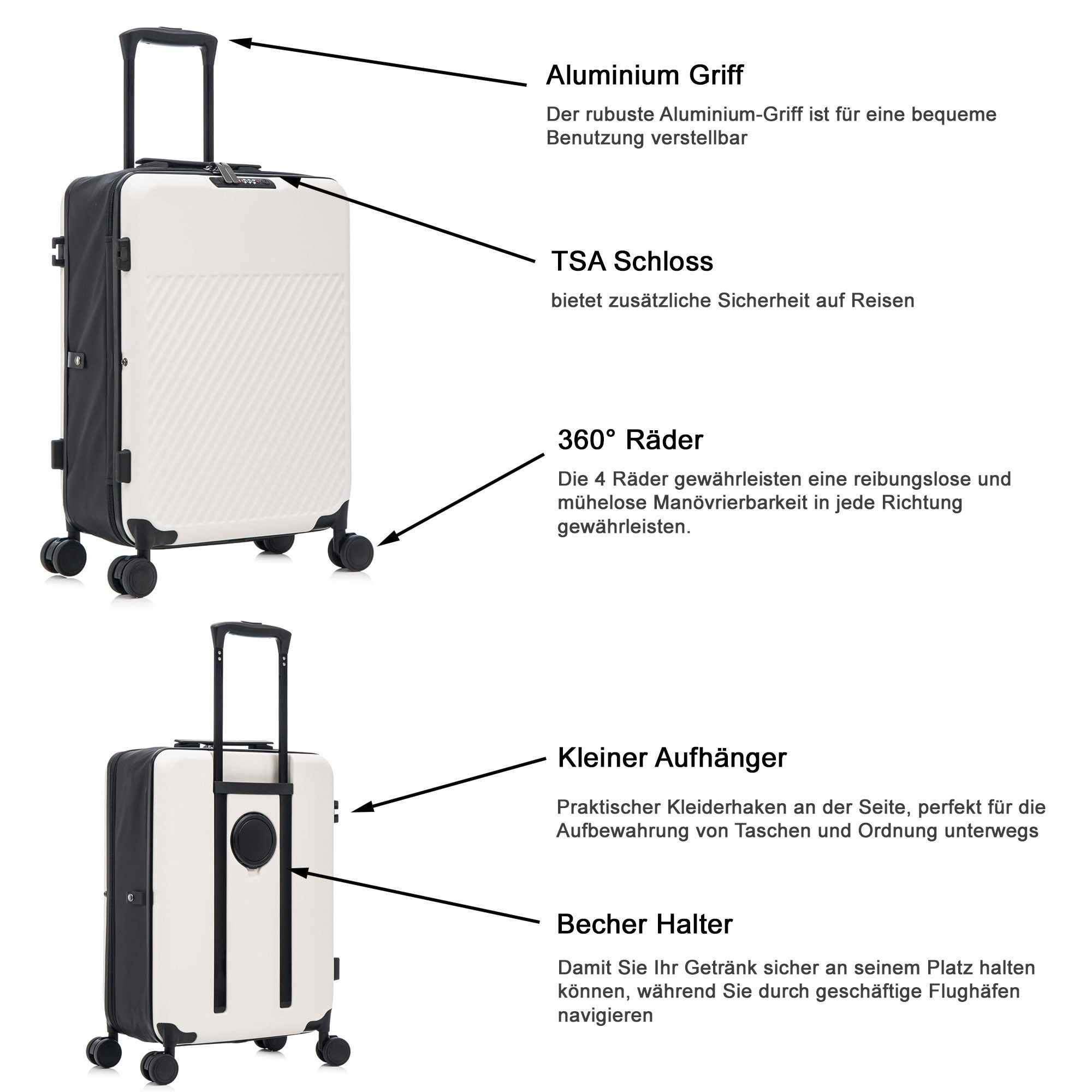 MS-Point Trolley Faltbarer Microfaser Hartschalen Koffer mit Rollen Weiß, 4 Rollen