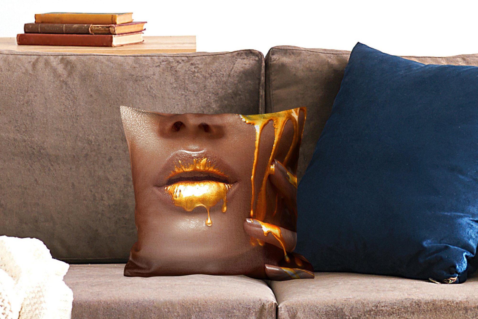 MuchoWow Dekokissen Frau Lippen, Sofakissen mit Gold Schlafzimmer, Füllung Wohzimmer, für Zierkissen Deko, - 